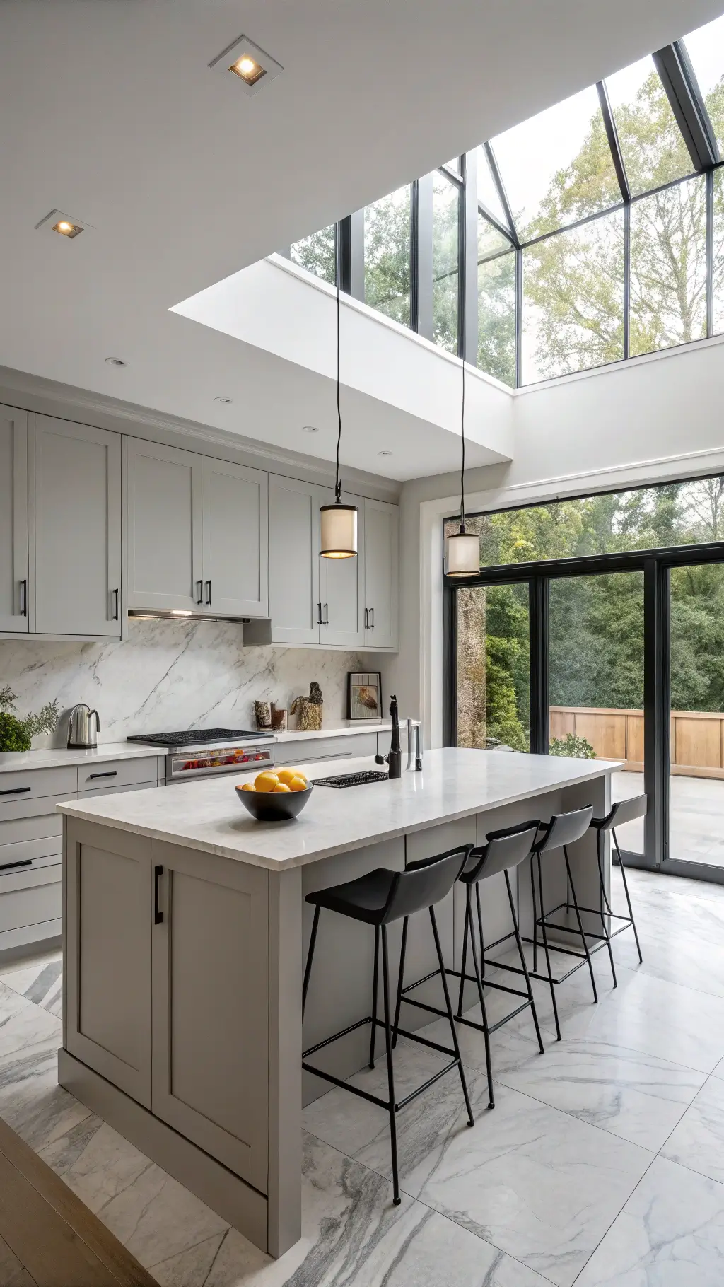 Neutral modern open-concept kitchen with light gray floor-to-ceiling cabinets, white marble waterfall island, matte black fixtures, and large double-height windows.