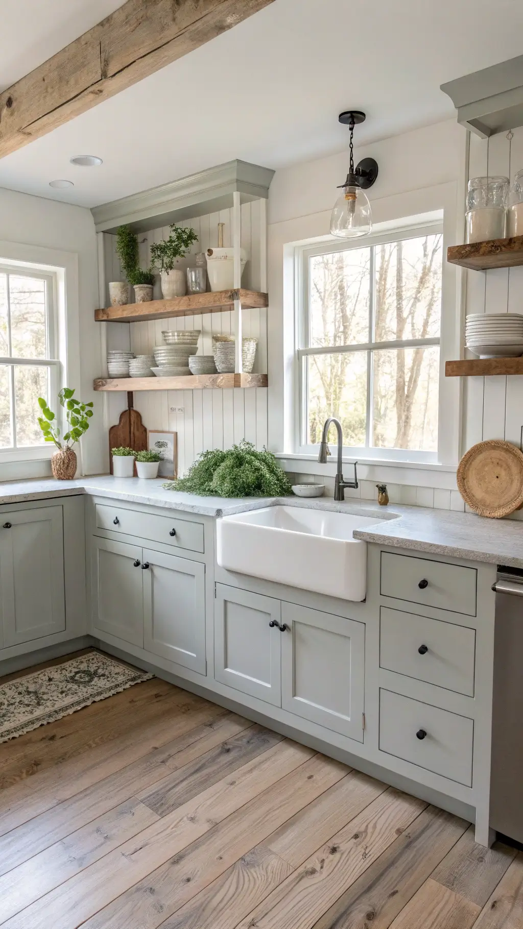Bright farmhouse kitchen with white Shaker cabinets, soft gray lowers, open shelving, eucalyptus, and morning light streaming over farmhouse sink.