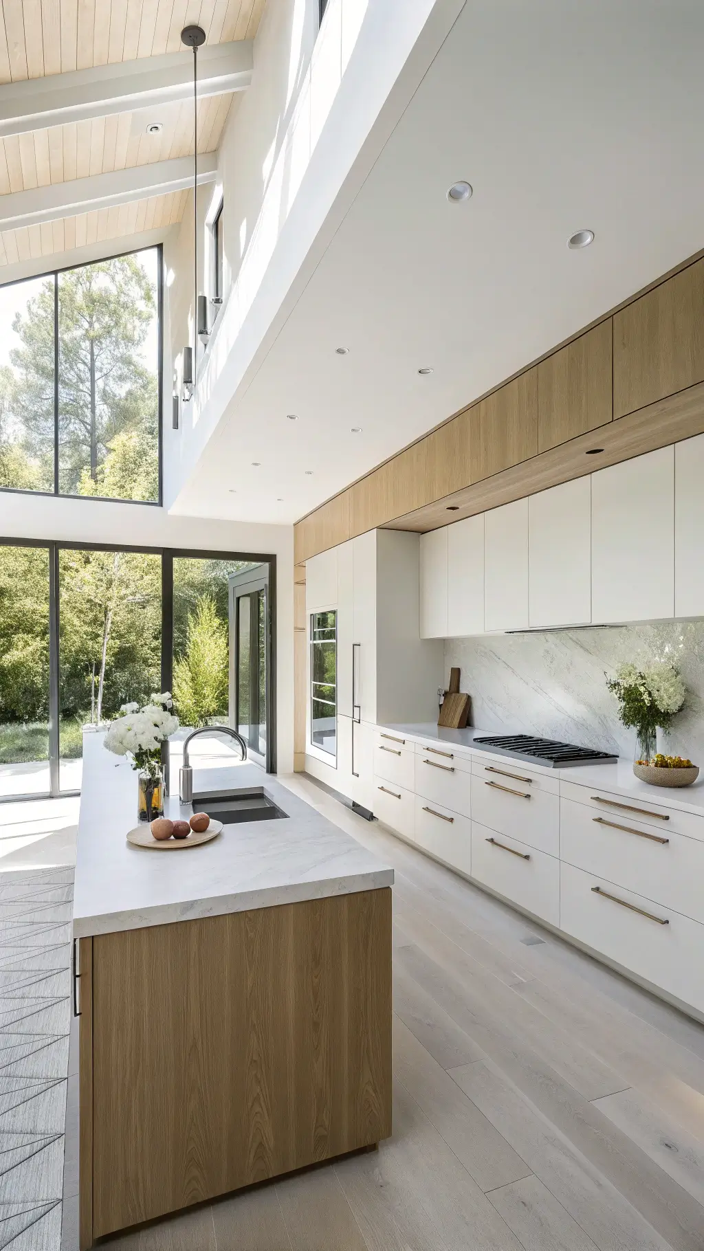 Modern minimalist kitchen with white oak cabinets, large island, quartz countertops, and floor-to-ceiling windows filling the space with natural light.