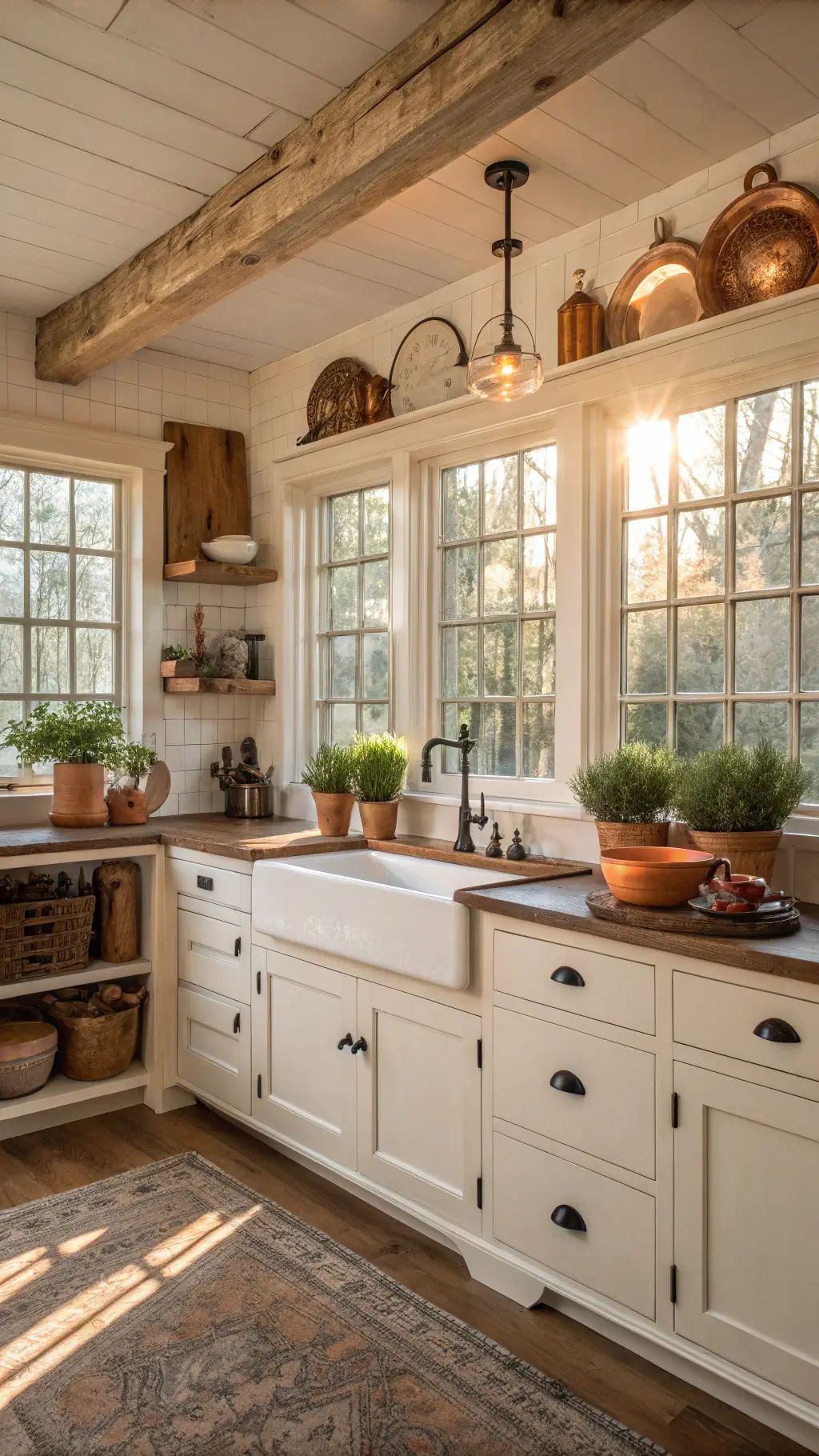 Farmhouse chic kitchen with white oak cabinets, vintage sink, copper cookware, and warm afternoon sunlight.