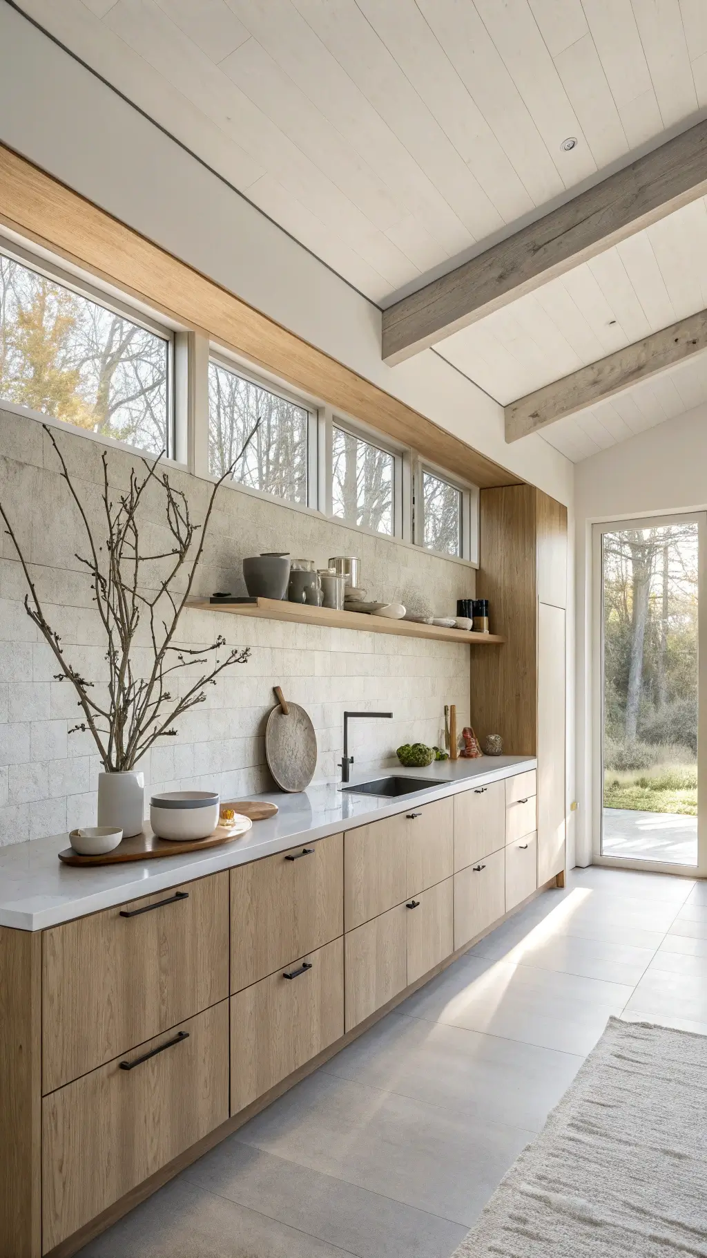 Scandinavian minimalist kitchen with white oak cabinets, concrete counters, floating shelf with ceramics, and early morning light.