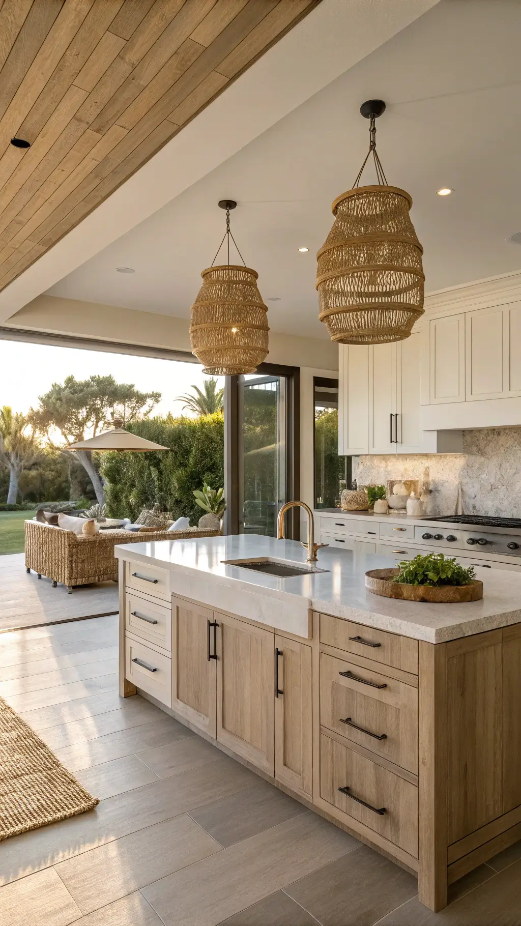 Open-concept kitchen with rift-sawn white oak cabinets, limestone counters, and rattan pendants, glowing in golden hour light with coastal and organic styling.