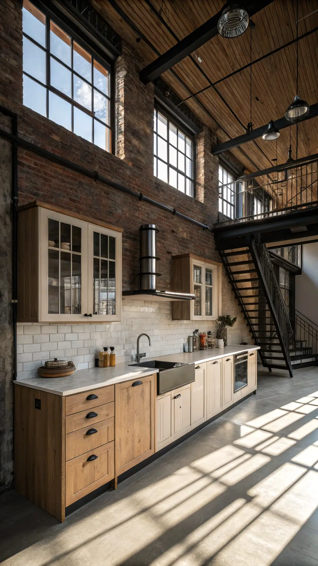 Loft kitchen with white oak cabinets, exposed brick walls, steel windows, and dramatic afternoon light casting shadows.
