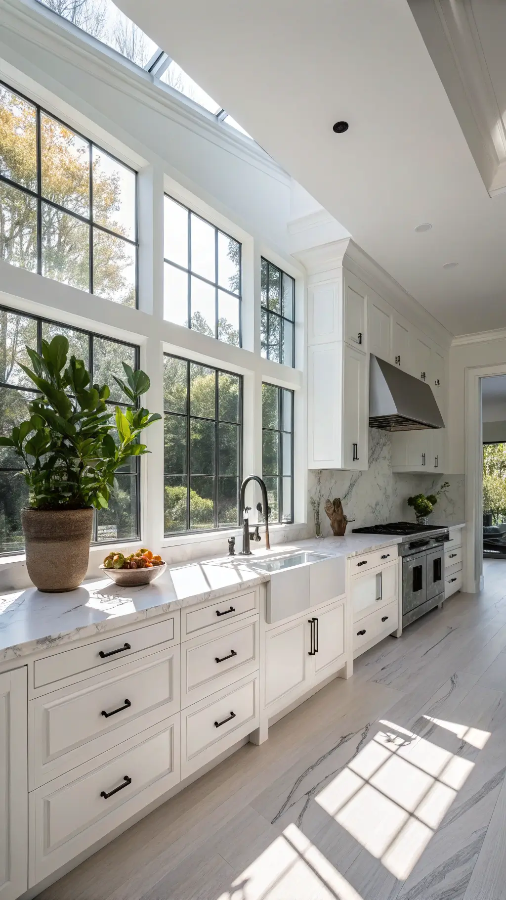 Modern minimalist kitchen with white lacquered cabinets, Carrara marble countertops, floor-to-ceiling windows, and a potted monstera illuminated by morning sunlight.