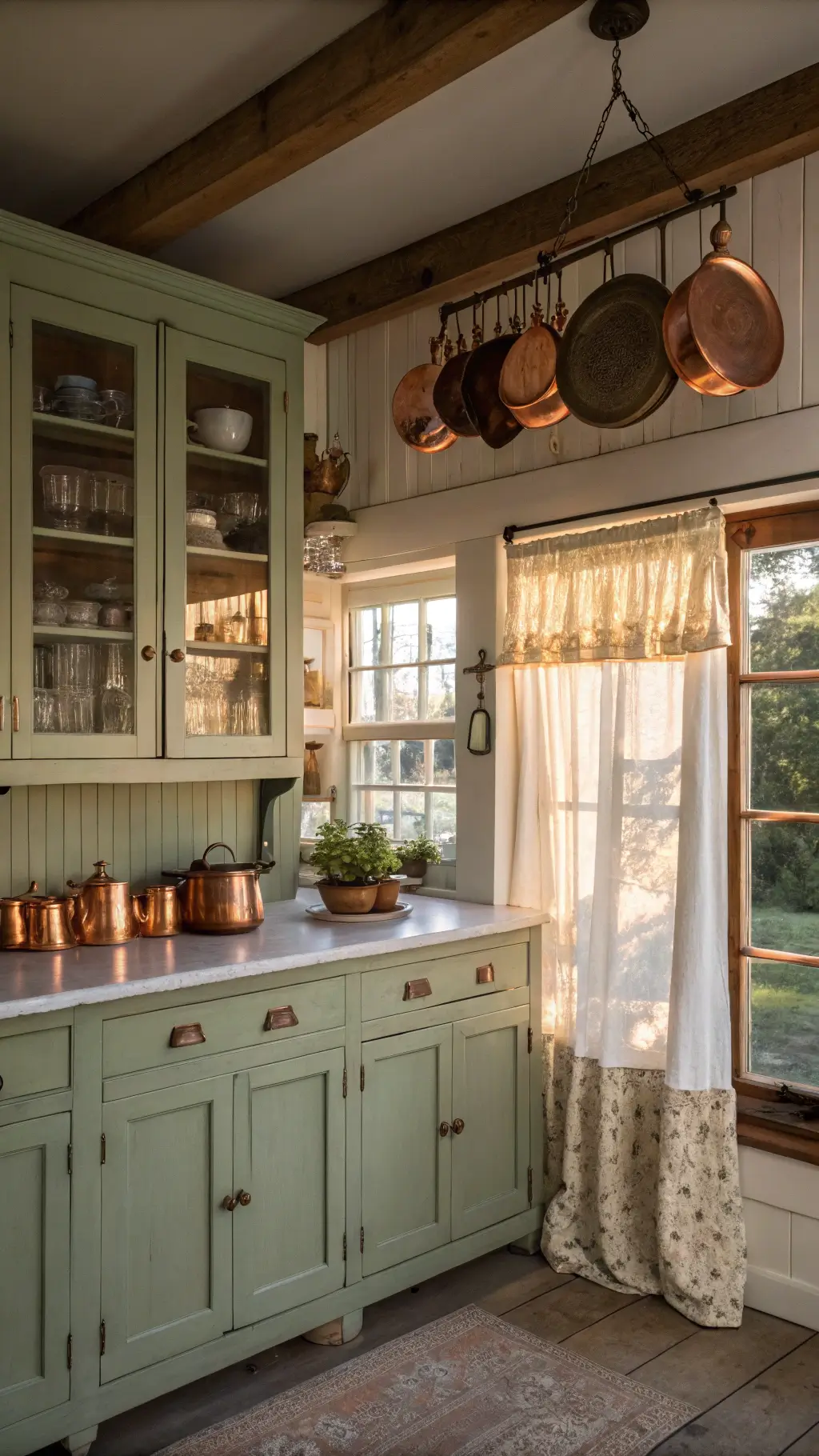 Country kitchen with sage green lower cabinets, cream uppers, copper pots, and vintage enamelware in warm afternoon light.