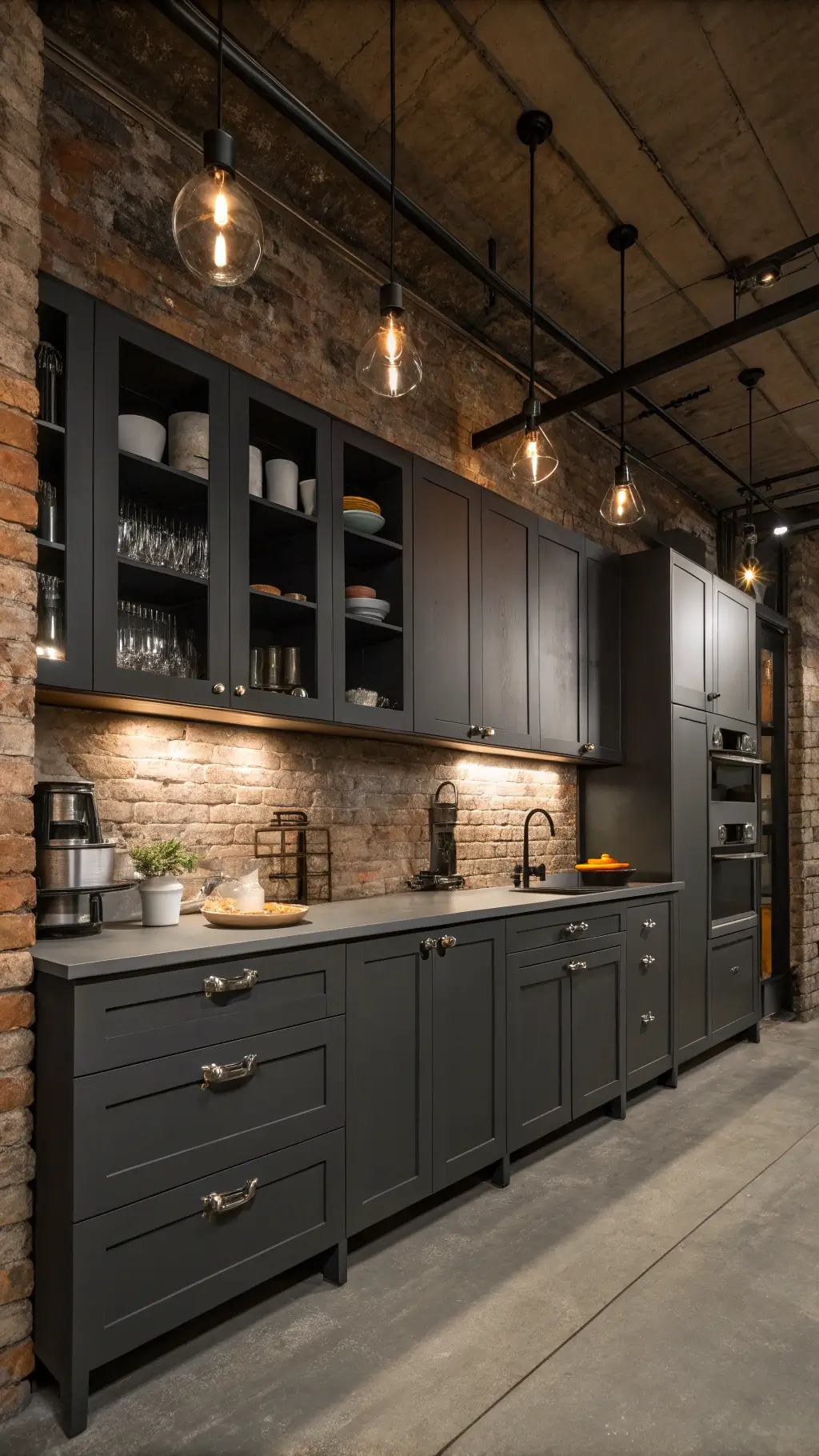 Industrial modern loft kitchen with charcoal gray cabinets, exposed brick walls, Edison bulb lighting, and open shelving displaying minimalist ceramics.