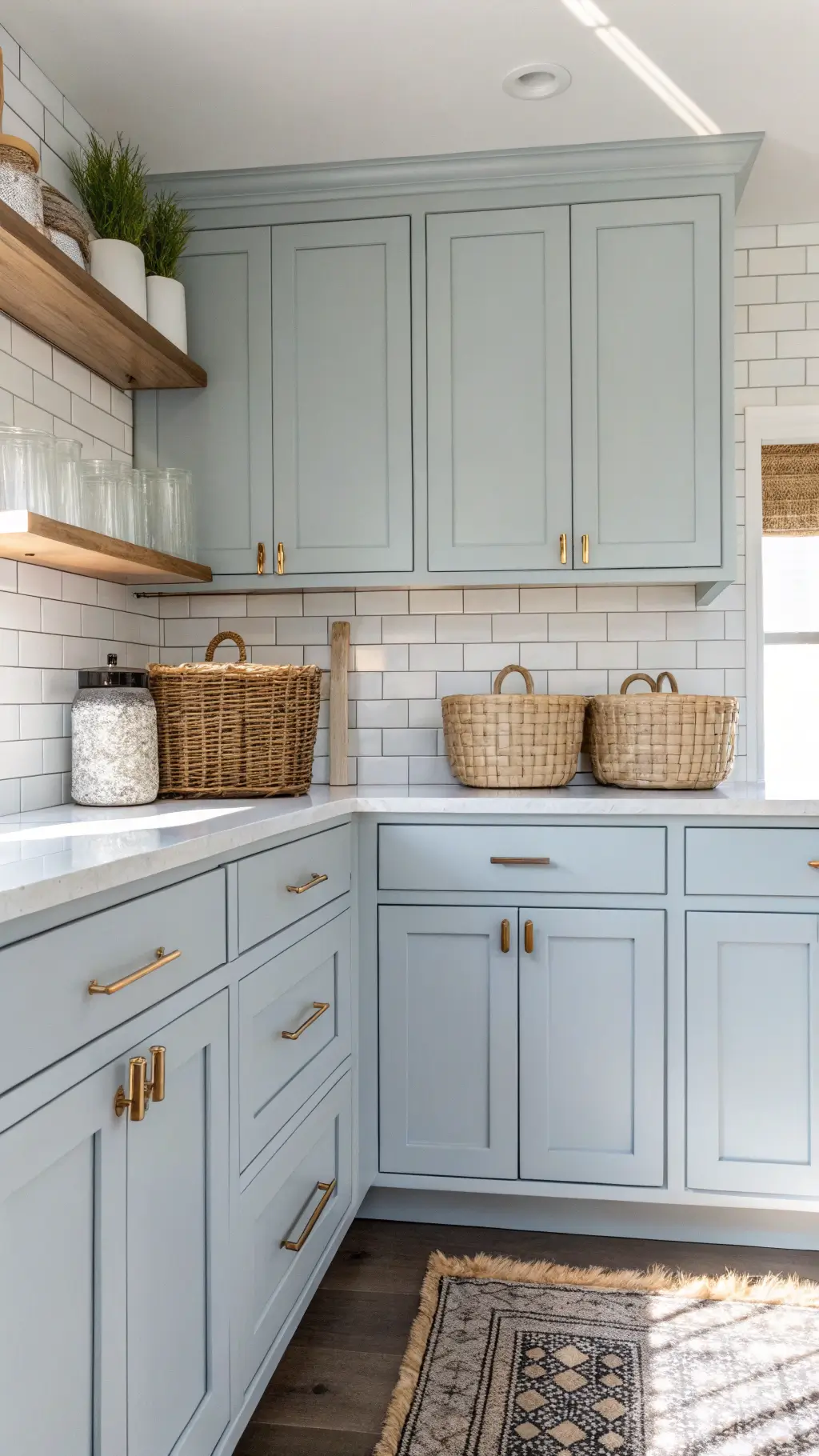 Coastal casual kitchen with pale blue-gray cabinets, brass handles, white subway tile backsplash, and woven accents in bright, even midday light.