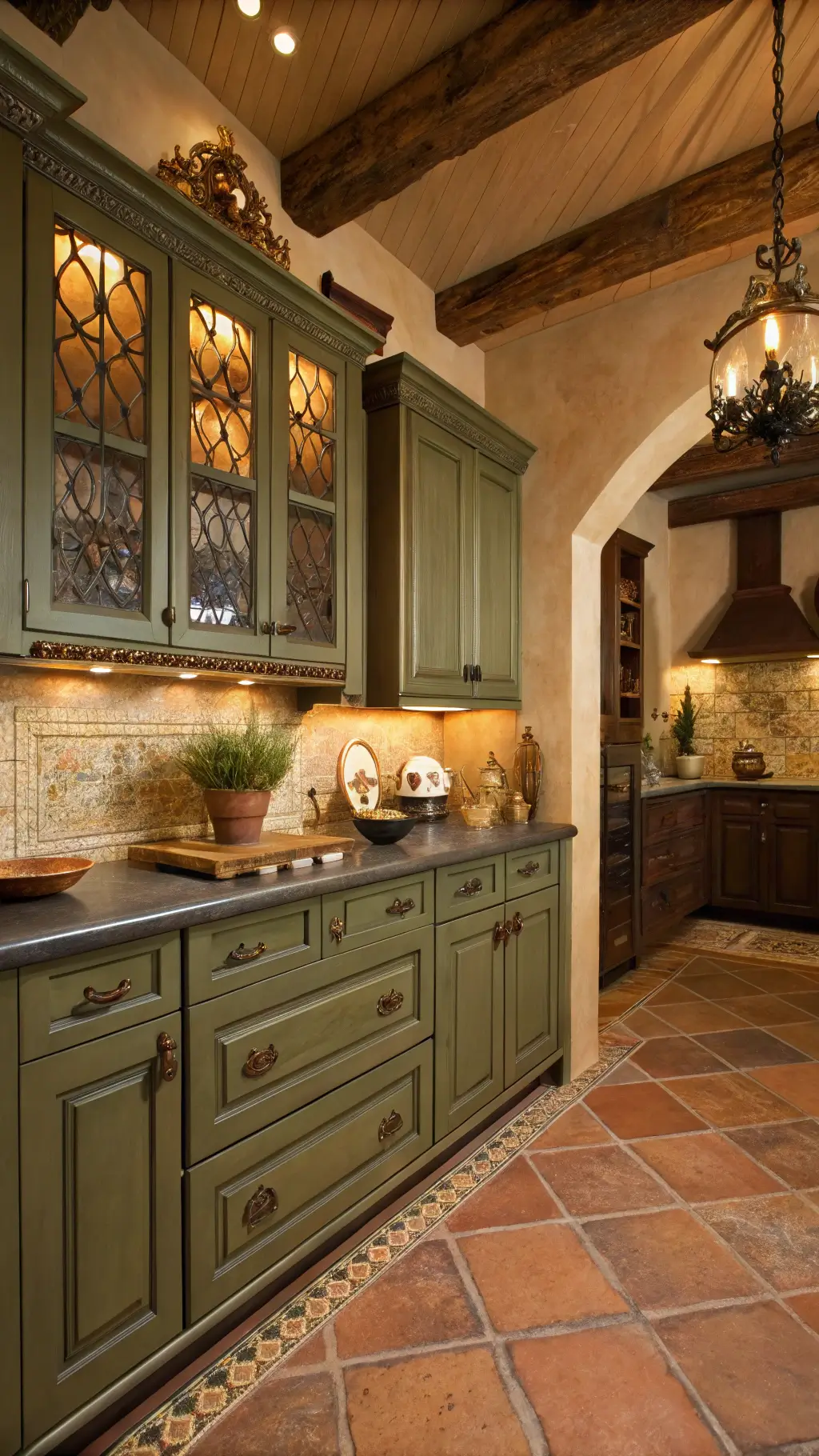 Mediterranean luxe kitchen with olive green cabinets, bronze hardware, terracotta tiles, copper accents, and golden hour lighting.
