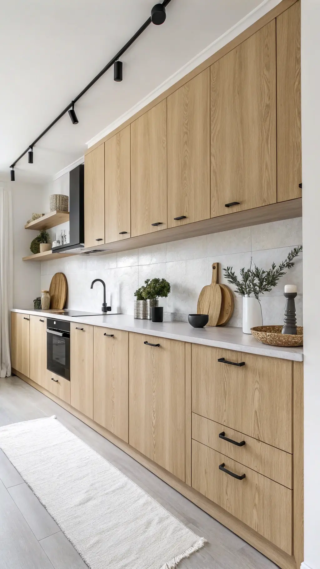 Bird's eye view of a minimalist Scandinavian kitchen with blonde wood cabinets, black accents, and sculptural ceramics in crisp morning light.