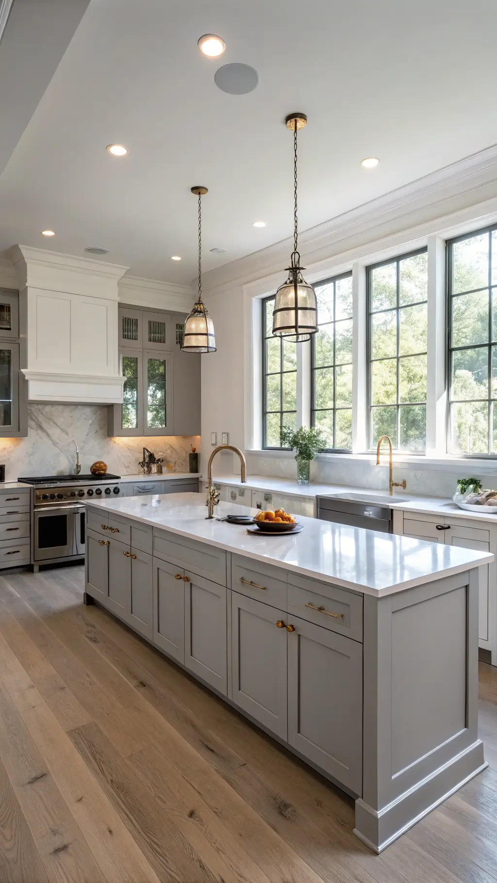 Modern grey kitchen with brass hardware and marble countertops bathed in morning light from large windows, featuring a central island with matte black ceramics and copper cookware on white quartz.