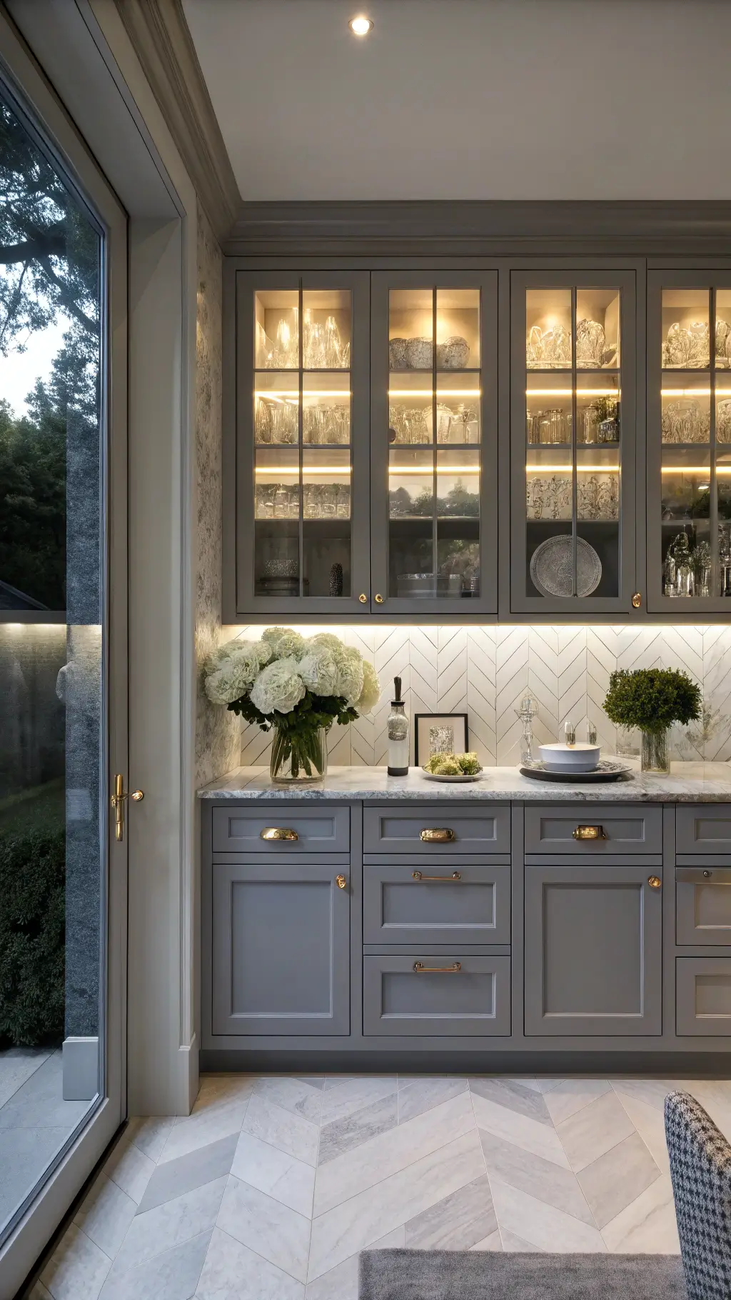 Minimalist grey butler's pantry with steel cabinets, marble backsplash, and vintage silver tea set under soft dusk lighting.