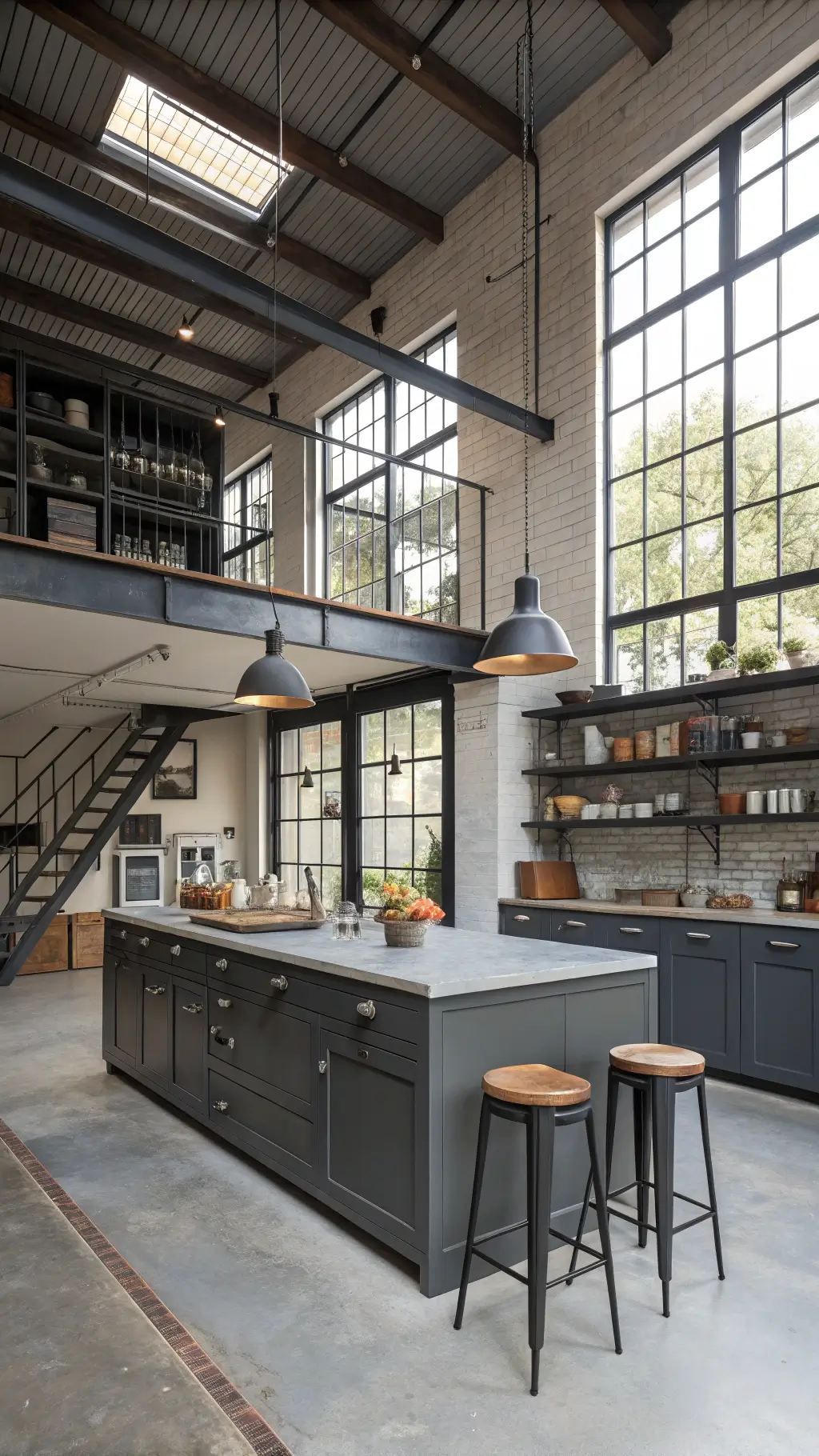 Industrial chic grey loft kitchen with concrete countertops, metal cabinets, reclaimed wood island, and large industrial windows, viewed from mezzanine at midday.