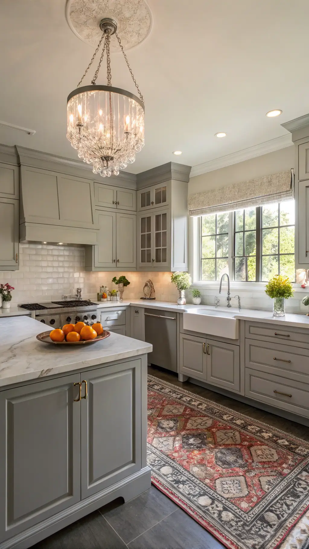 L-shaped grey kitchen at golden hour with dove grey cabinets, limestone counters, glass tile, crystal chandelier, white hydrangeas, citrus fruits, and vintage Persian runner.