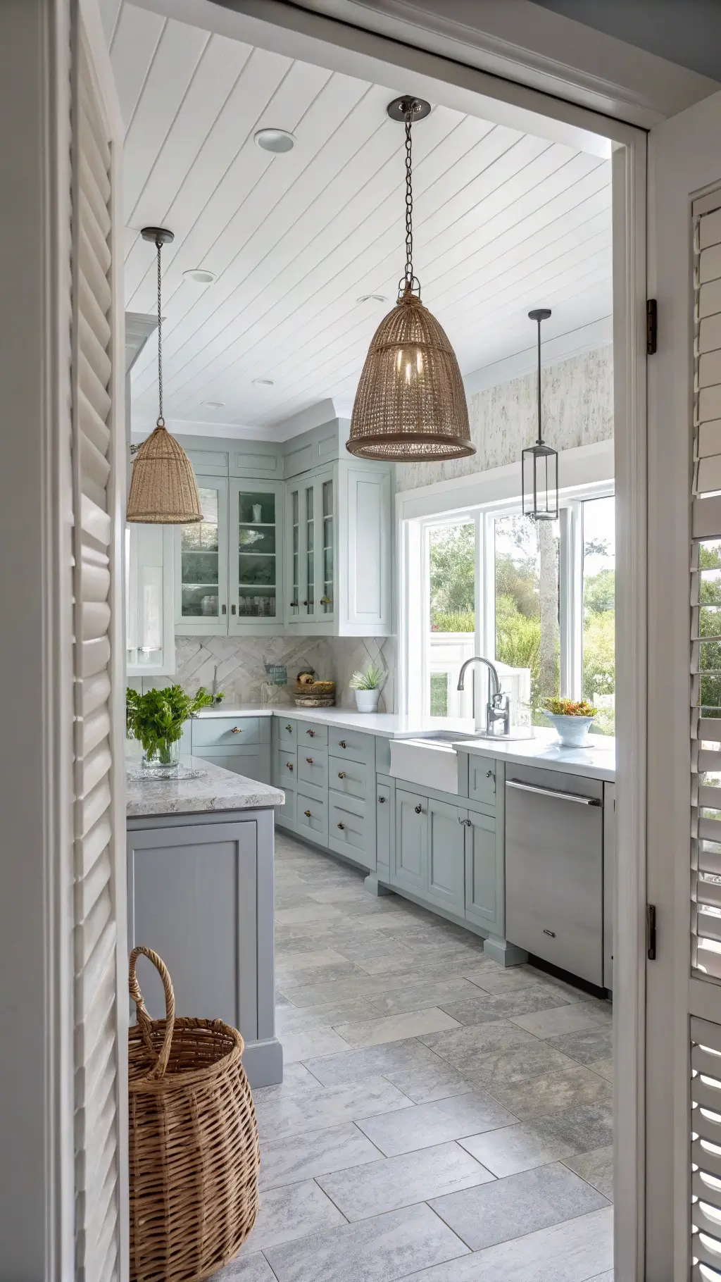 Coastal grey kitchen with light grey cabinets, marble counters, pale blue backsplash, and white beadboard ceiling bathed in soft morning light.