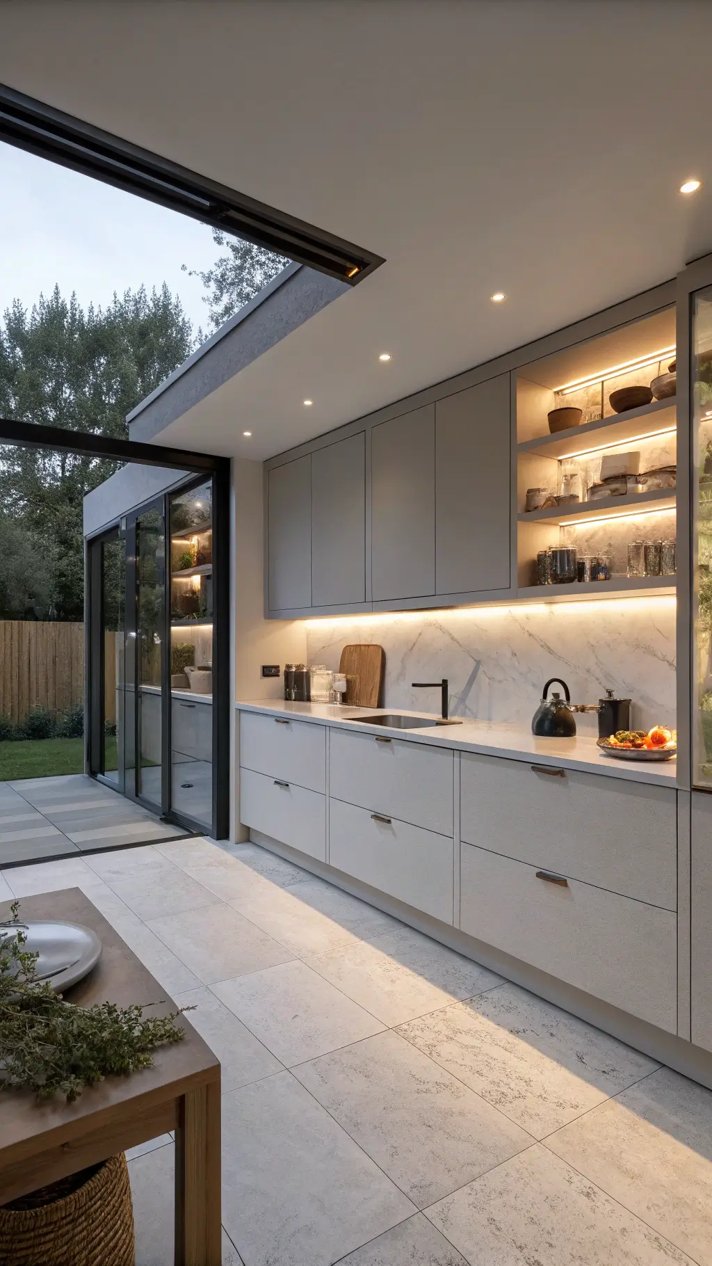 Scandinavian grey kitchen at twilight with flat-panel pale grey cabinets, white oak shelves, limestone counters, and warm integrated lighting.