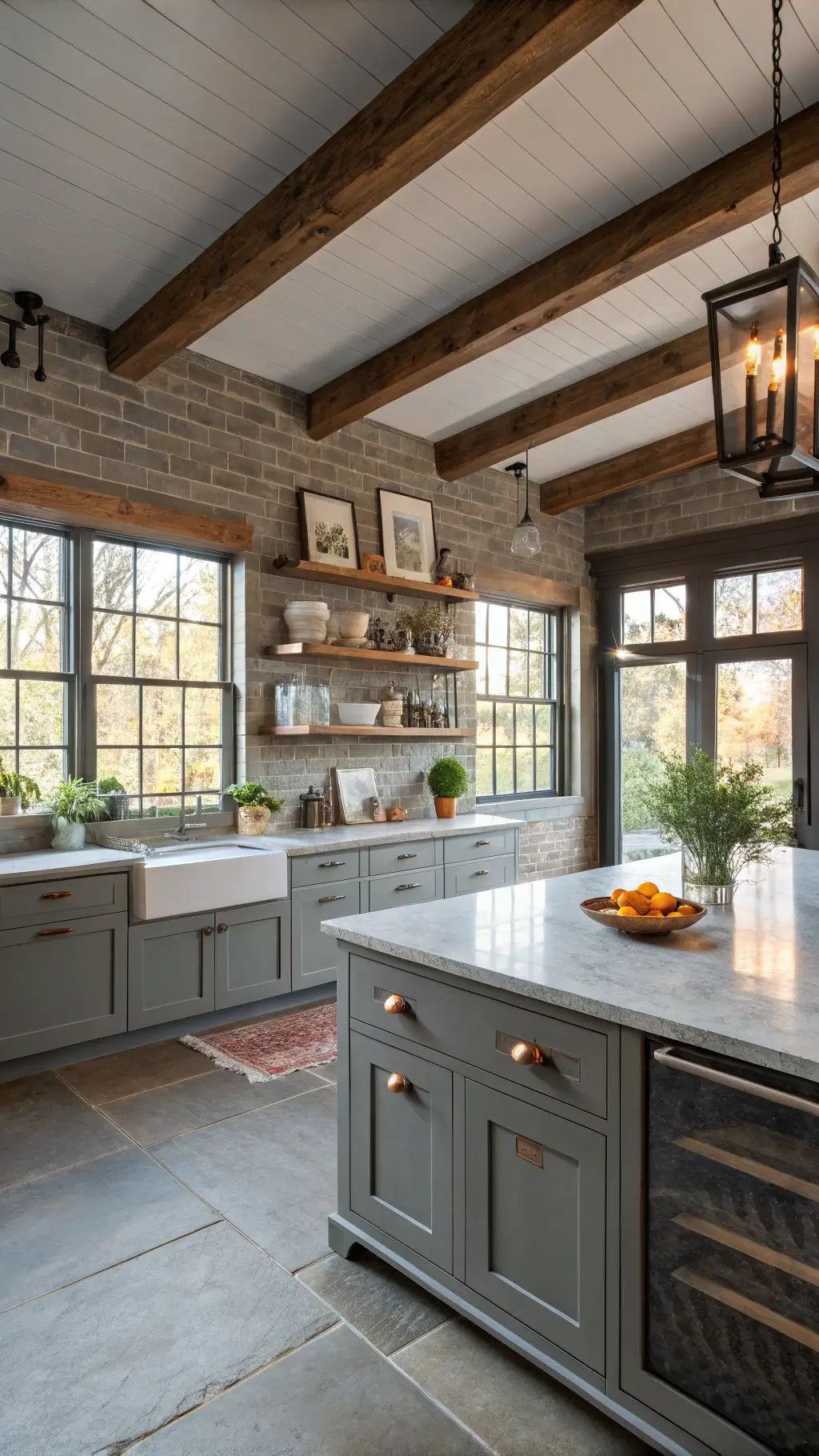 Modern farmhouse grey kitchen at sunrise with tall ceilings, exposed beams, soapstone counters, brick backsplash, and antique farm table island.