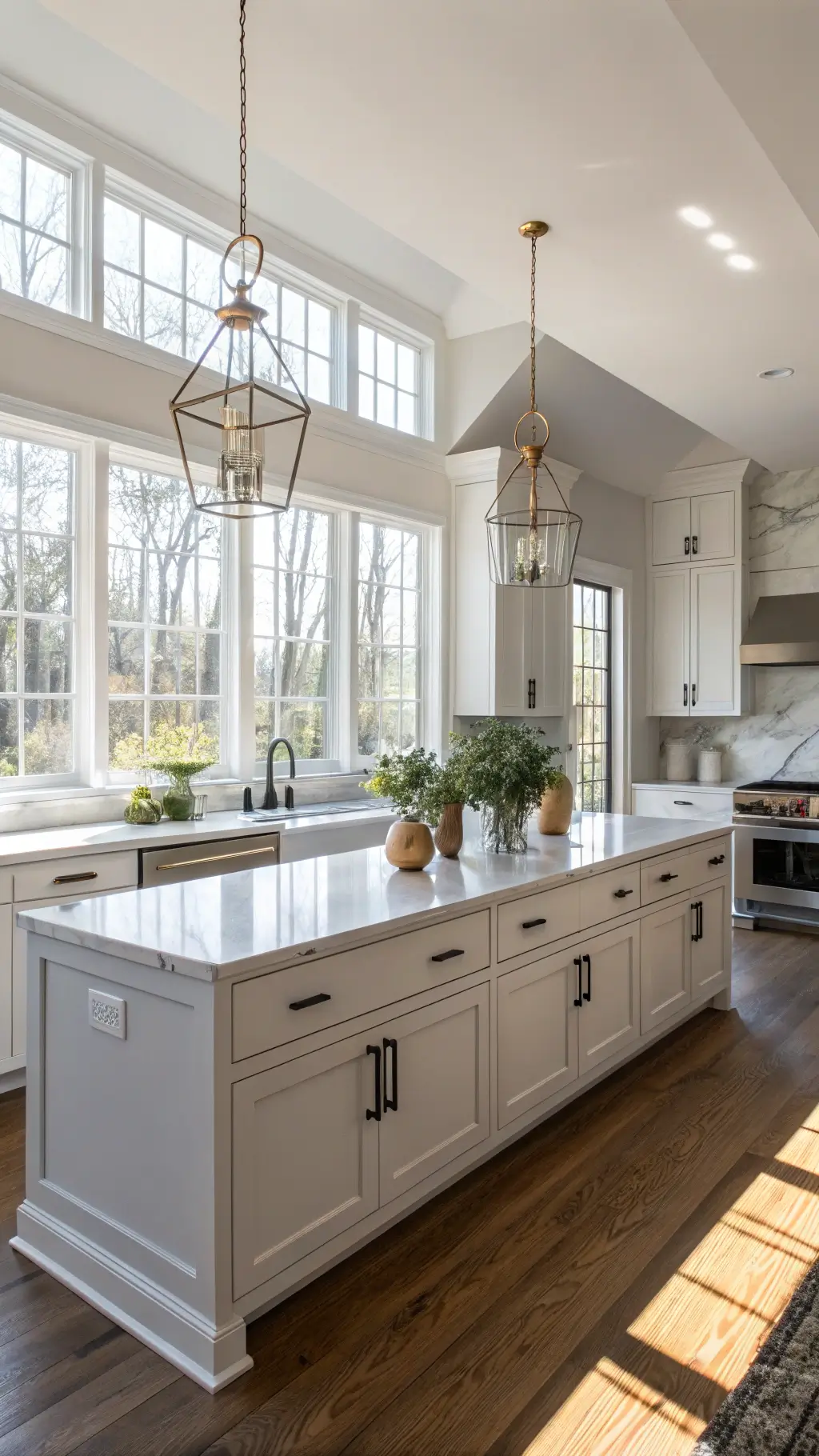 Modern kitchen with white Shaker cabinets, quartz countertops, brass pendant lights, and stainless steel appliances in natural sunlight.