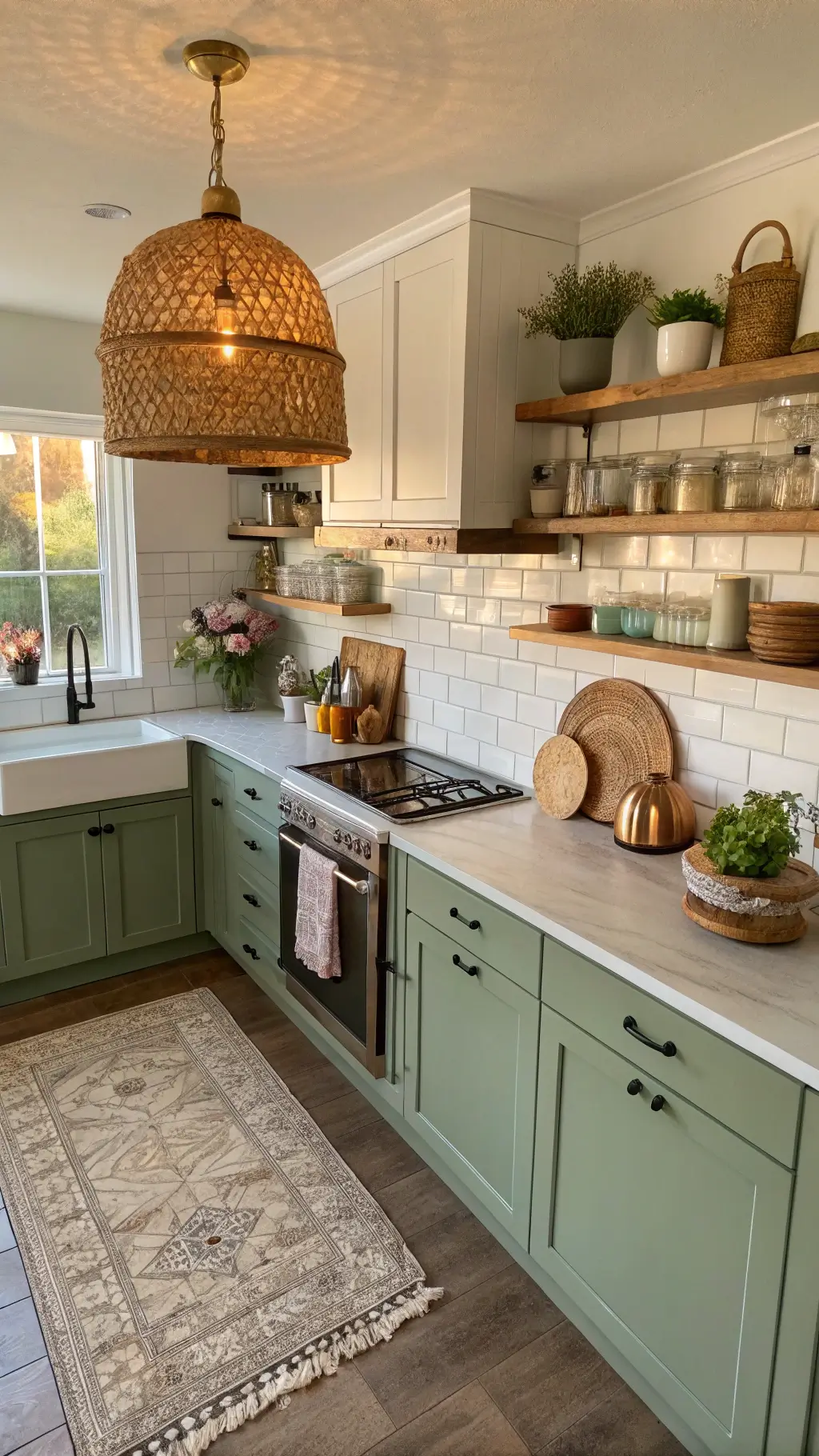 Cozy 12x14ft kitchen with sage green lower cabinets, white uppers, rattan pendant light, butcher block countertops, and open shelving with pottery and copper cookware at golden hour.