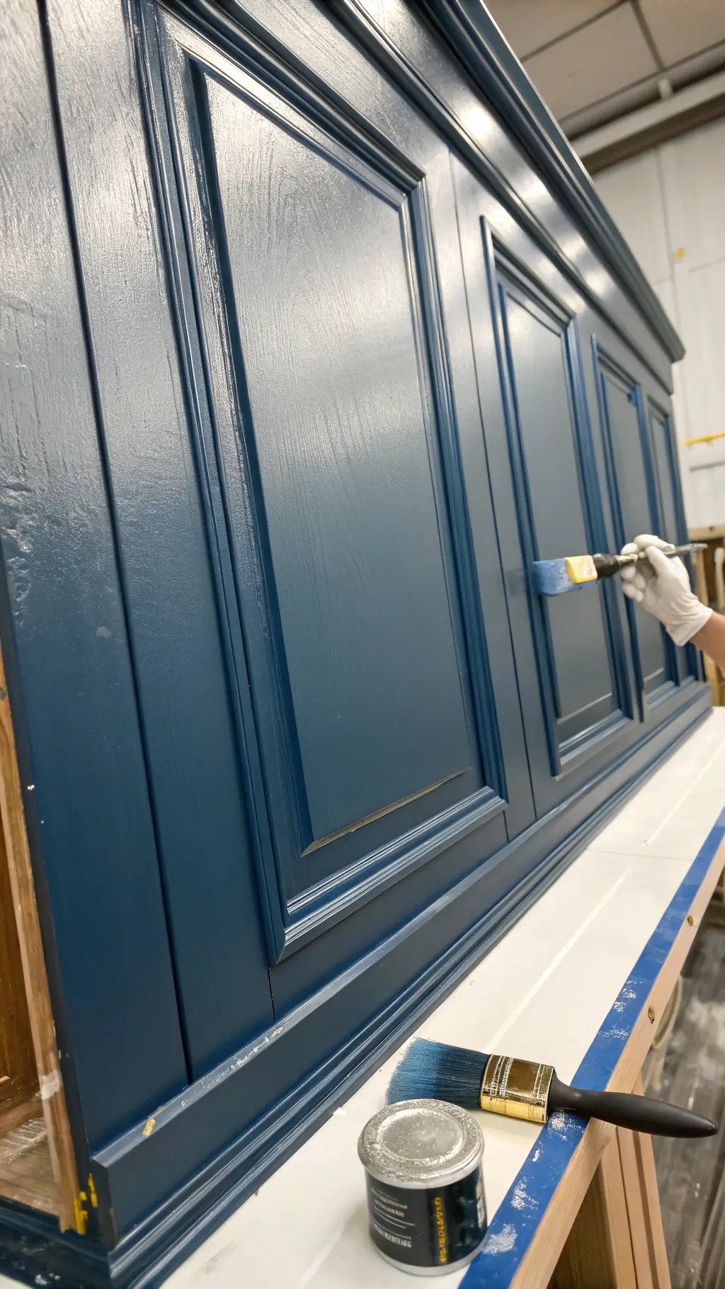 Extreme close-up of navy blue cabinet door being painted with perfect brush technique under studio lighting.
