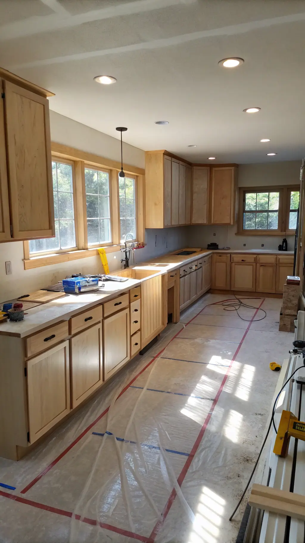 Wide-angle view of a mid-renovation kitchen with dramatic morning light, plastic-covered counters, removed cabinet doors, and organized sanding tools and primers.