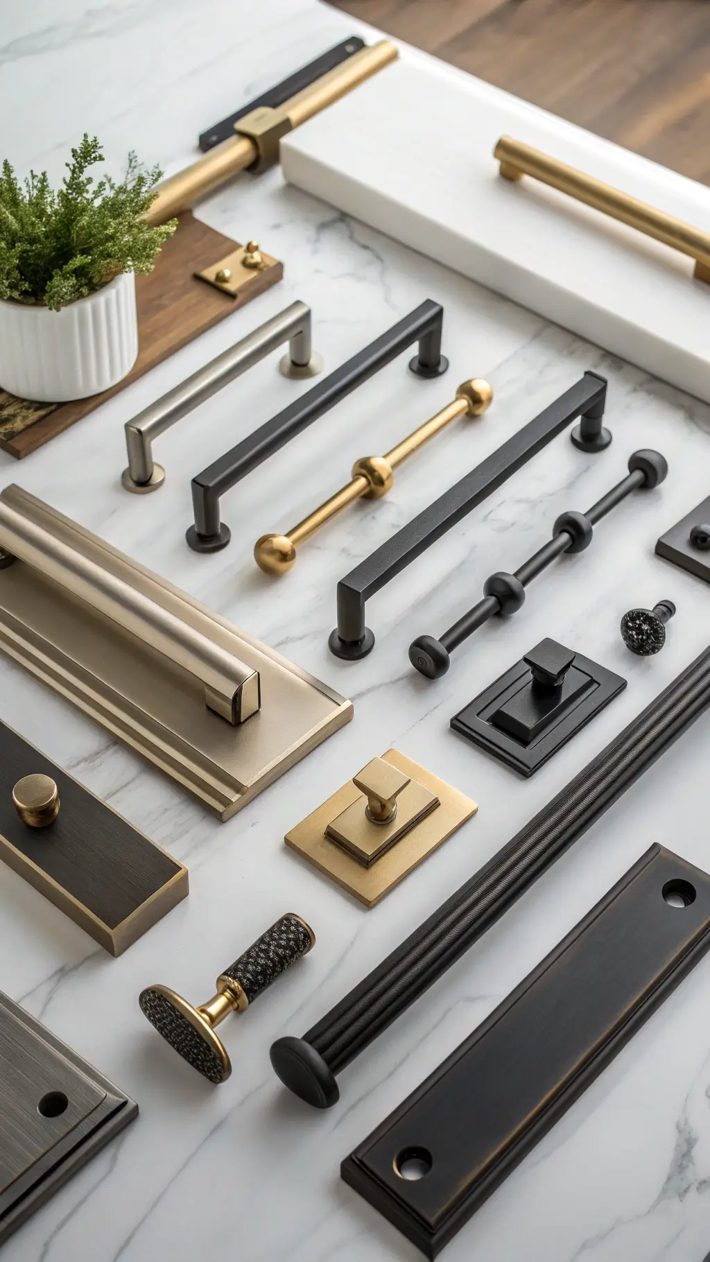 Flat-lay of modern cabinet hardware in brushed nickel, matte black, and aged brass on white marble with paint swatches and design sketches.