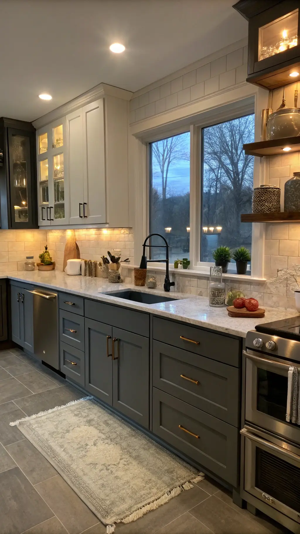 Dramatic dusk-lit 16x18ft kitchen with charcoal gray lower cabinets, open shelving, vintage chalk-painted accents, mixed metal fixtures, and artisanal ceramics.