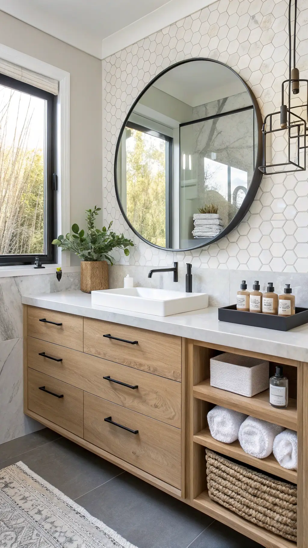 Sunlit modern minimalist bathroom with white oak floating vanity, marble countertop, backlit mirror, and organized accessories.