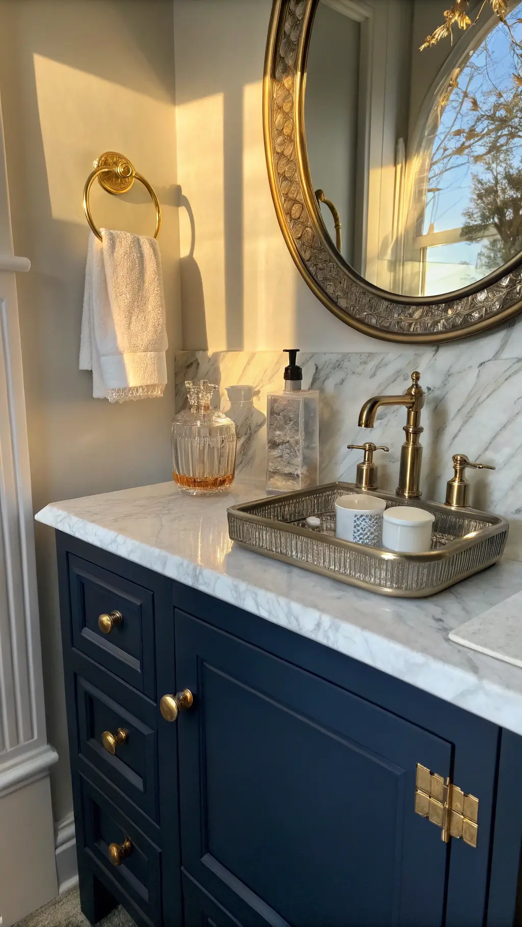 Intimate powder room with navy cabinet, brass accents, and marble counter in golden hour light.