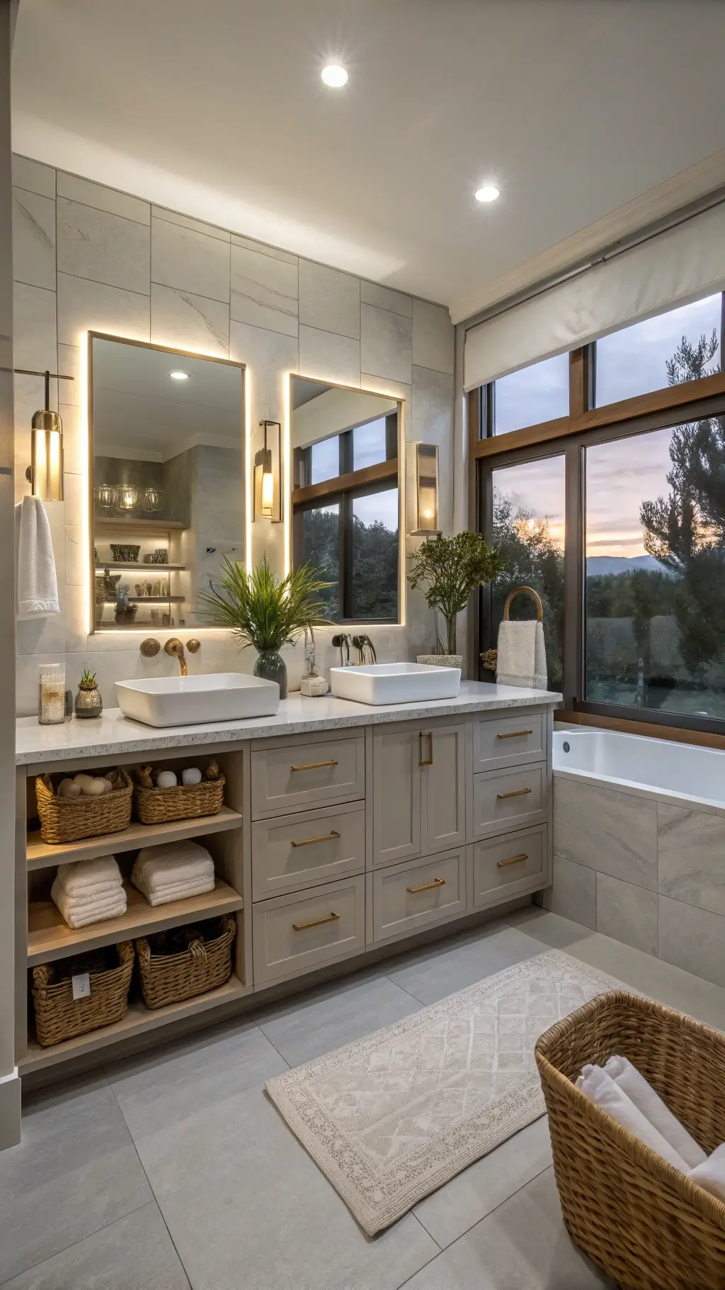Spa-like master bathroom at dusk with floating greige cabinets, champagne gold handles, under-cabinet LED lighting, seagrass baskets, eucalyptus decor, twin frameless mirrors, and natural stone counters.