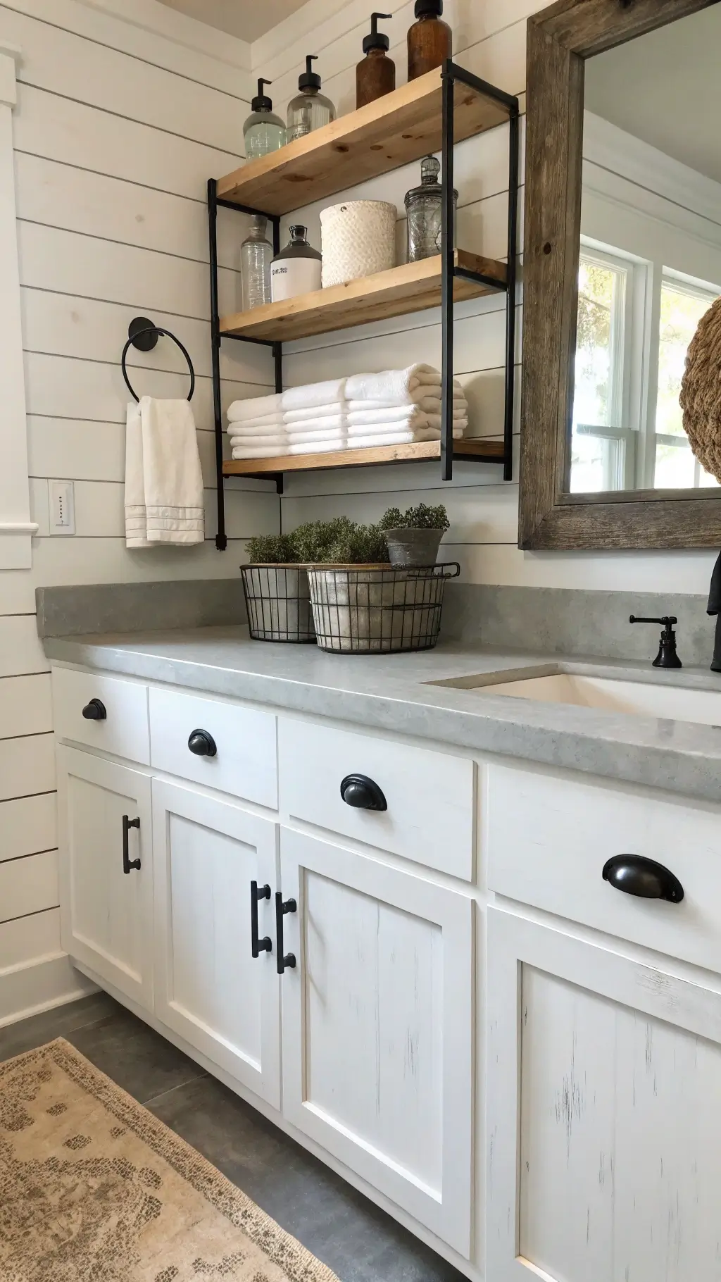 Farmhouse-style guest bathroom with distressed white cabinets, shiplap walls, open shelves with vintage decor, and natural light highlighting rustic textures.