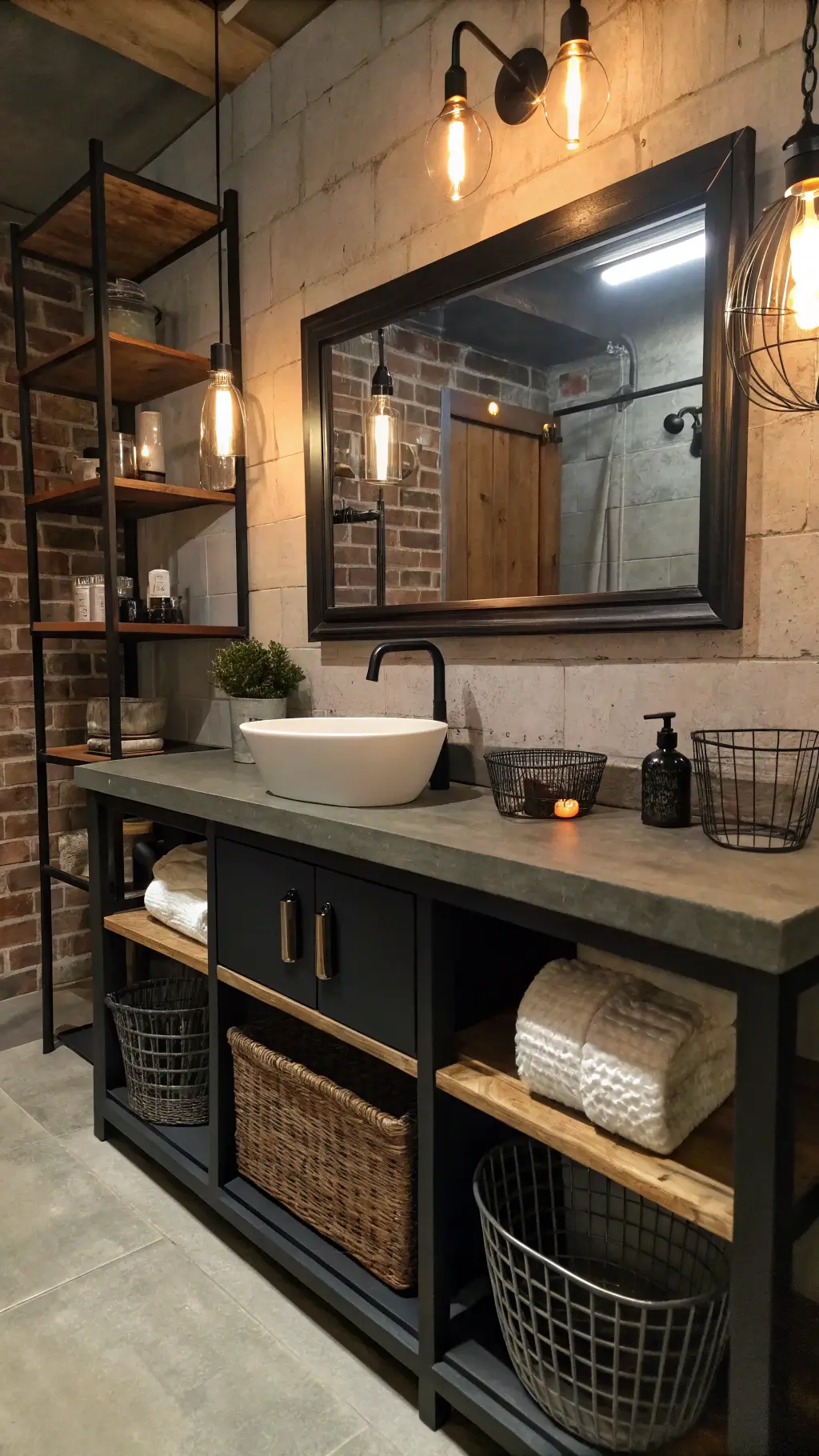 Industrial chic loft bathroom at twilight with reclaimed wood shelving, black metal-framed cabinet, Edison bulb sconces, copper vessels, and wire basket organization on concrete counters.