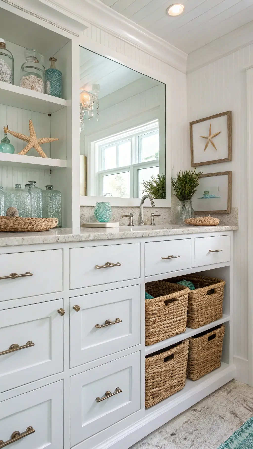 Coastal-inspired ensuite with white beadboard cabinets, rope pulls, sea glass accessories, coral decor, woven baskets, and quartzite countertops under bright midday light.