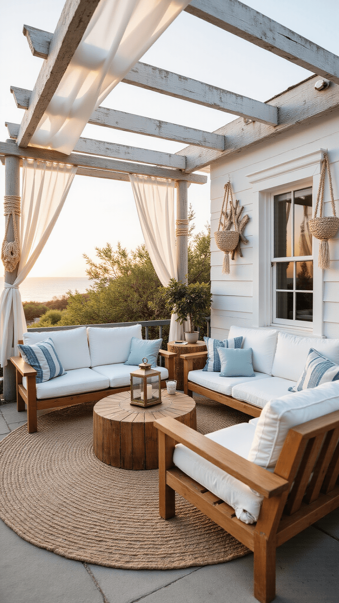 Coastal terrace at golden hour with teak furniture, white and blue cushions, brass lanterns, macramé planters, and sheer fabric draped pergola.