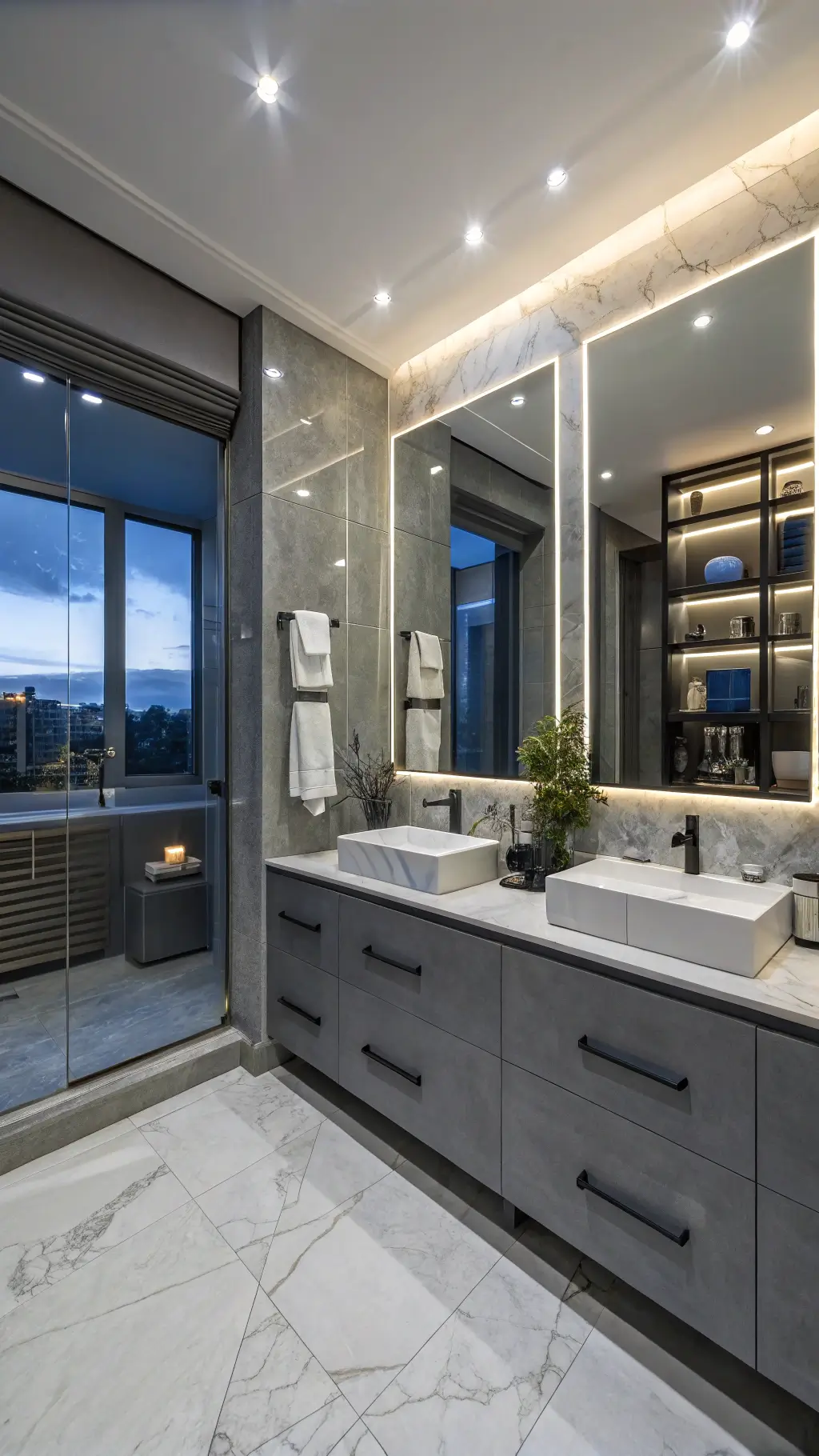 Contemporary luxury bathroom with grey floor-to-ceiling cabinets, marble counters, LED lighting, and styled storage during blue hour.