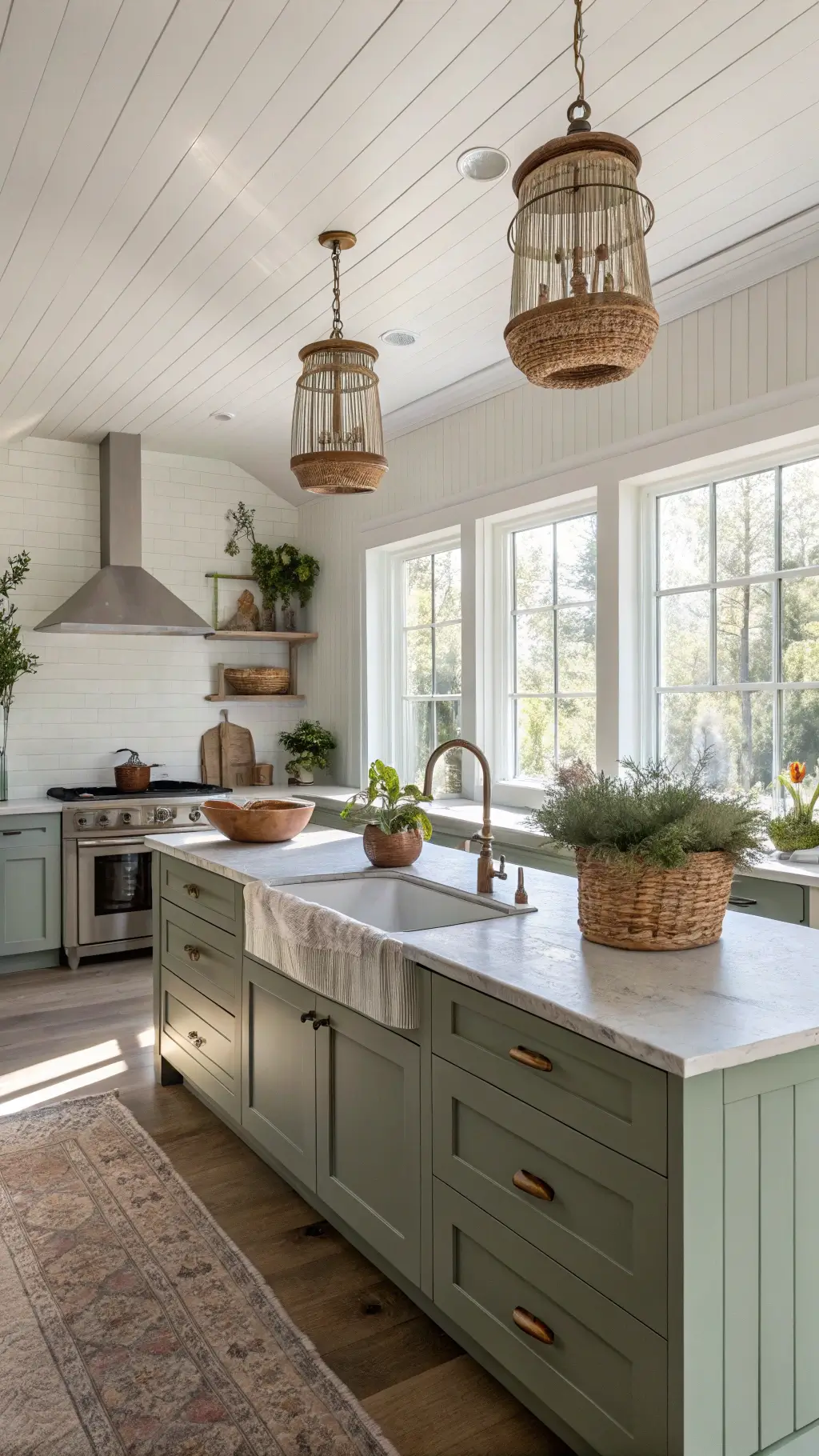 Modern farmhouse kitchen with sage green cabinets, brass hardware, white quartz countertops, and weathered oak island under vintage pendant lights, bathed in early morning sunlight through sheer curtains.