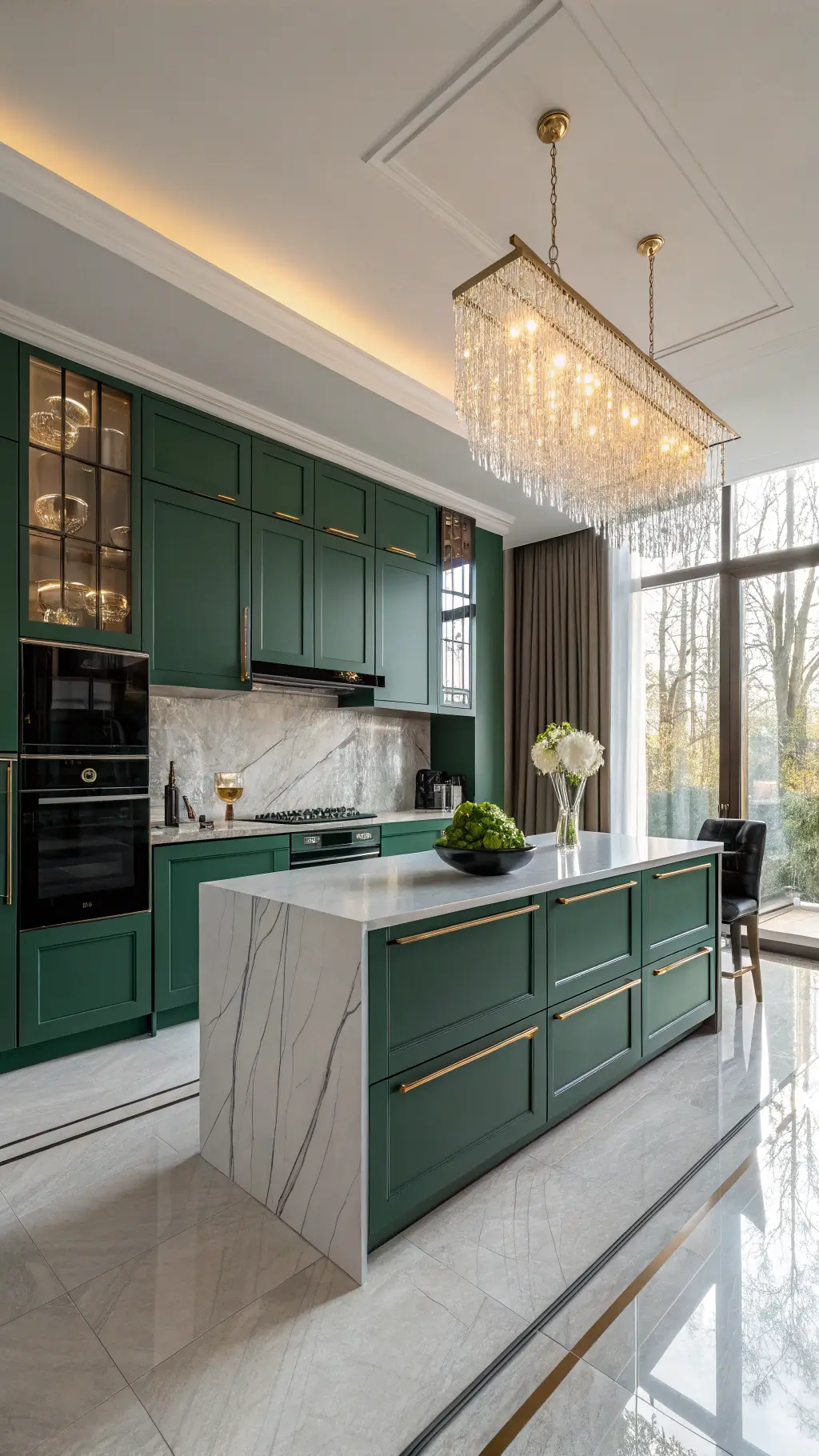 Luxurious contemporary kitchen with glossy emerald green cabinets, marble waterfall island, black hardware, and crystal pendants, bathed in golden hour light from tall windows.