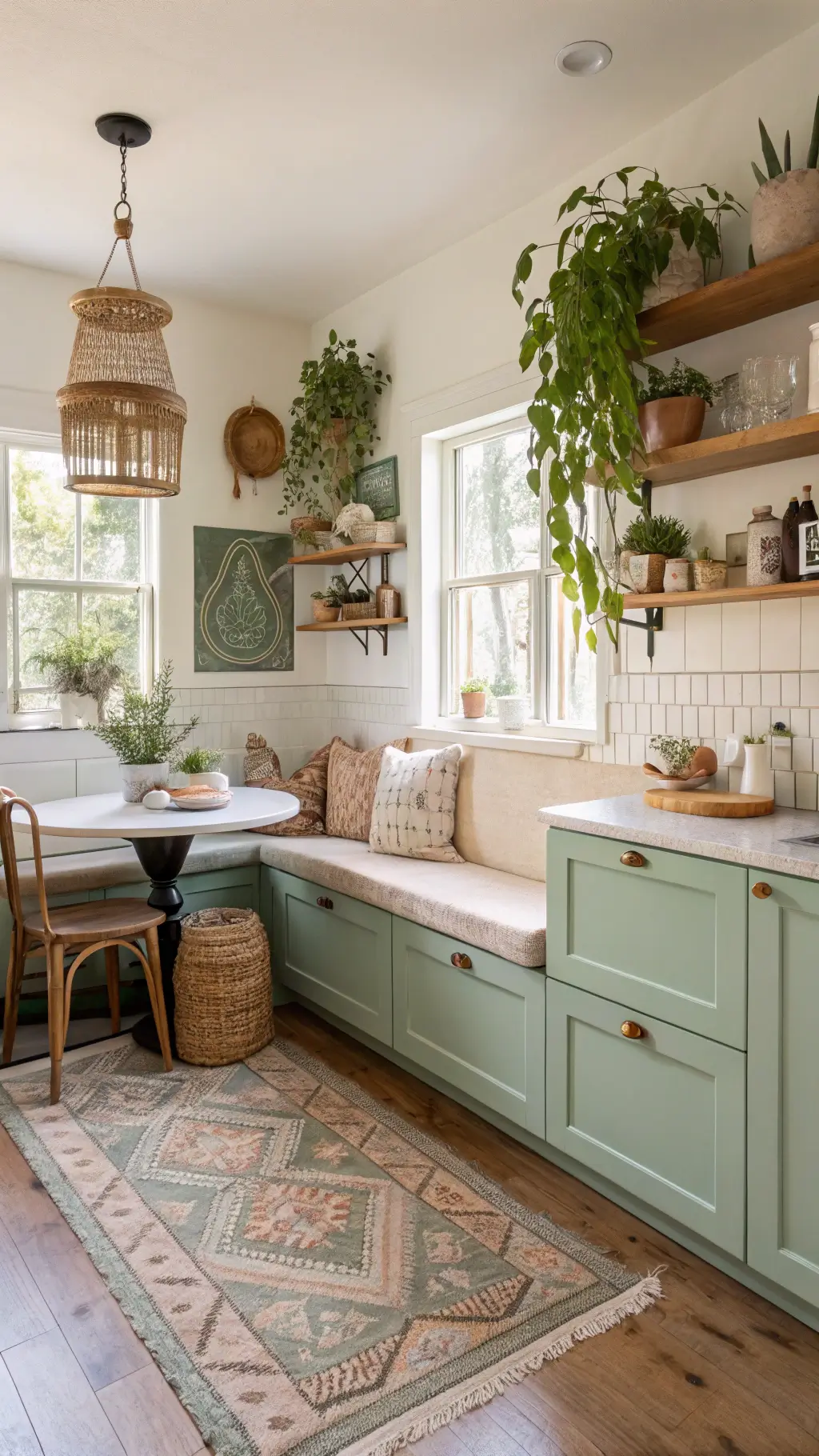 Cozy bohemian kitchen nook with mint green cabinets, open shelving, cream bouclé banquette, rattan pendant, and trailing plants in soft mid-morning light.