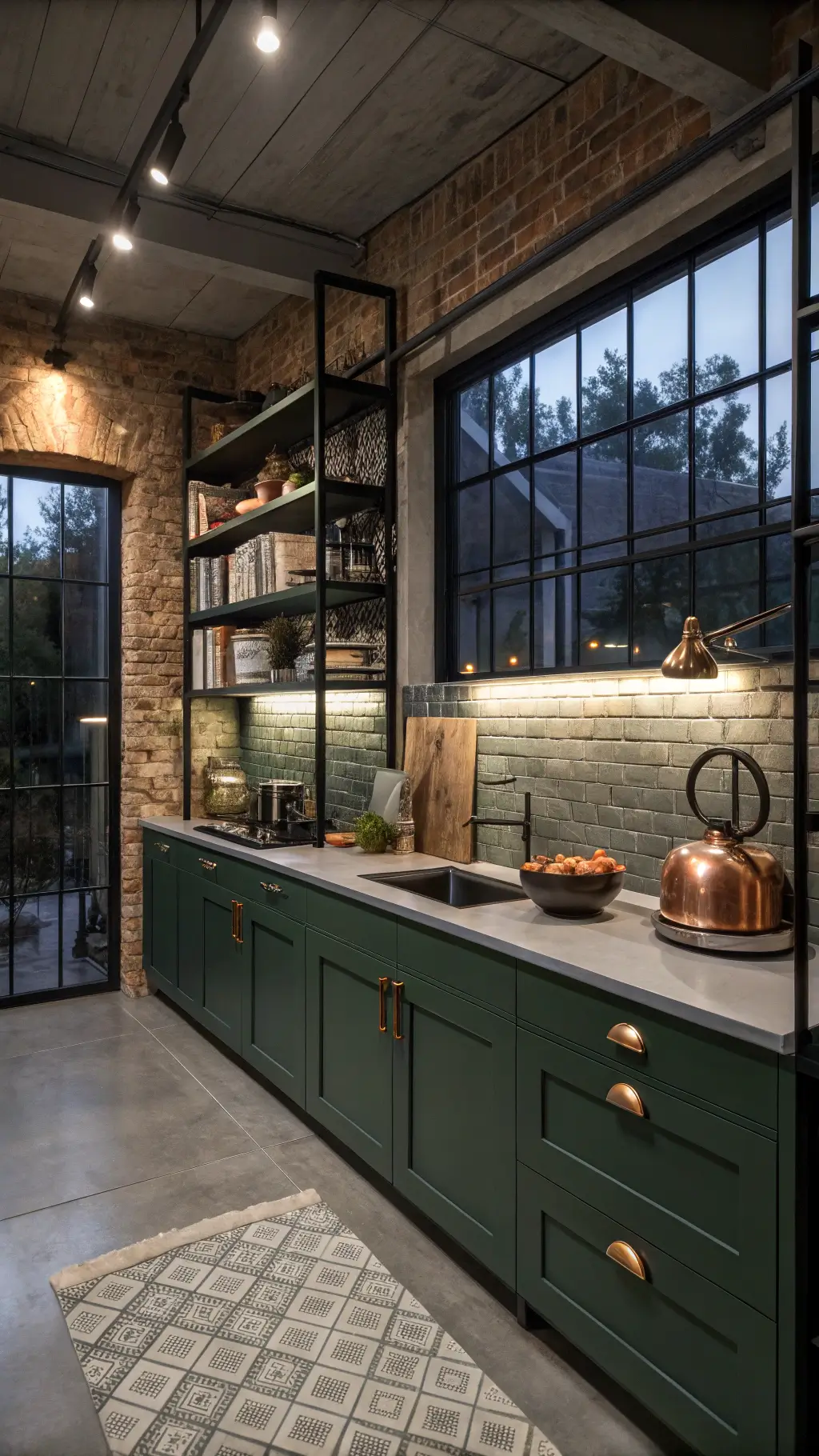 Industrial-modern kitchen with forest green cabinets, concrete counters, exposed brick wall, and dramatic evening lighting from black metal sconces; steel-framed windows, black iron shelving, copper cookware, leather-bound cookbooks, geometric floor tiles, and reflection in a professional range.