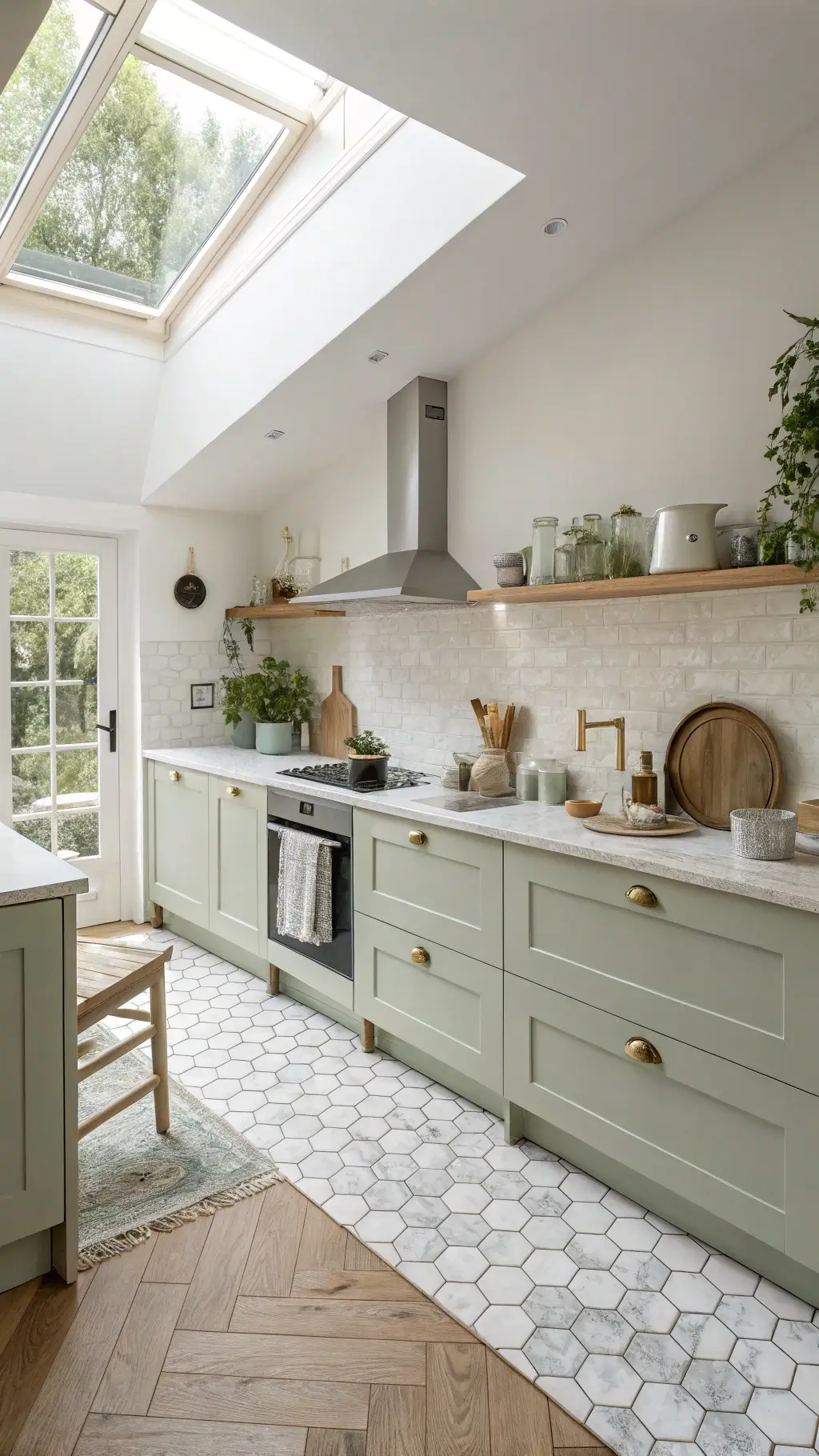Scandinavian-style kitchen with pale sage lower cabinets, white uppers, pale oak floors, marble hex tile pattern, and bright skylight illumination.