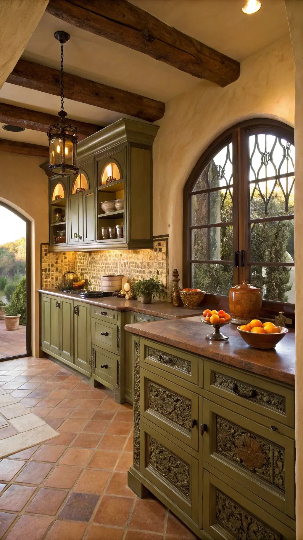 Rustic Mediterranean kitchen with olive green carved cabinets, terracotta floors, hand-painted tile backsplash, and warm late afternoon light filtering through an arched window, viewed through a doorway arch.
