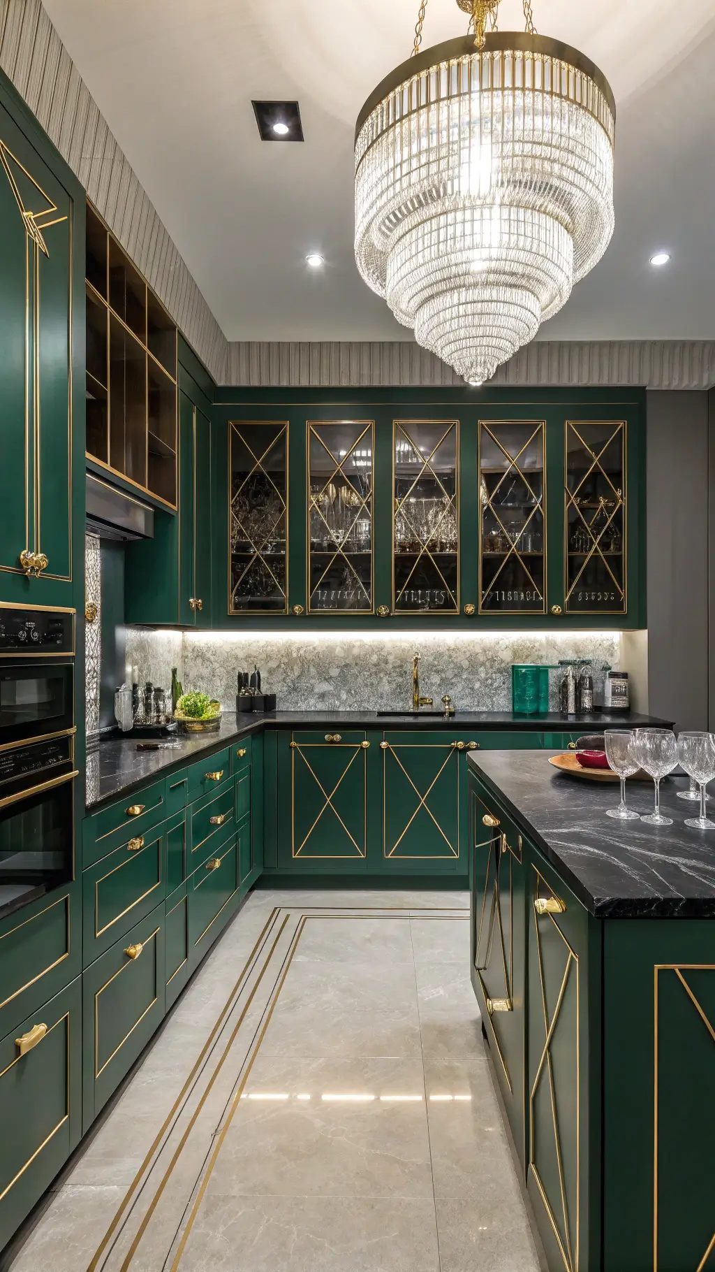 Art Deco revival kitchen with emerald cabinets, gold inlays, black marble counters, mirrored backsplash, crystal knobs, glass decanters, statement chandelier, and dramatic evening lighting.
