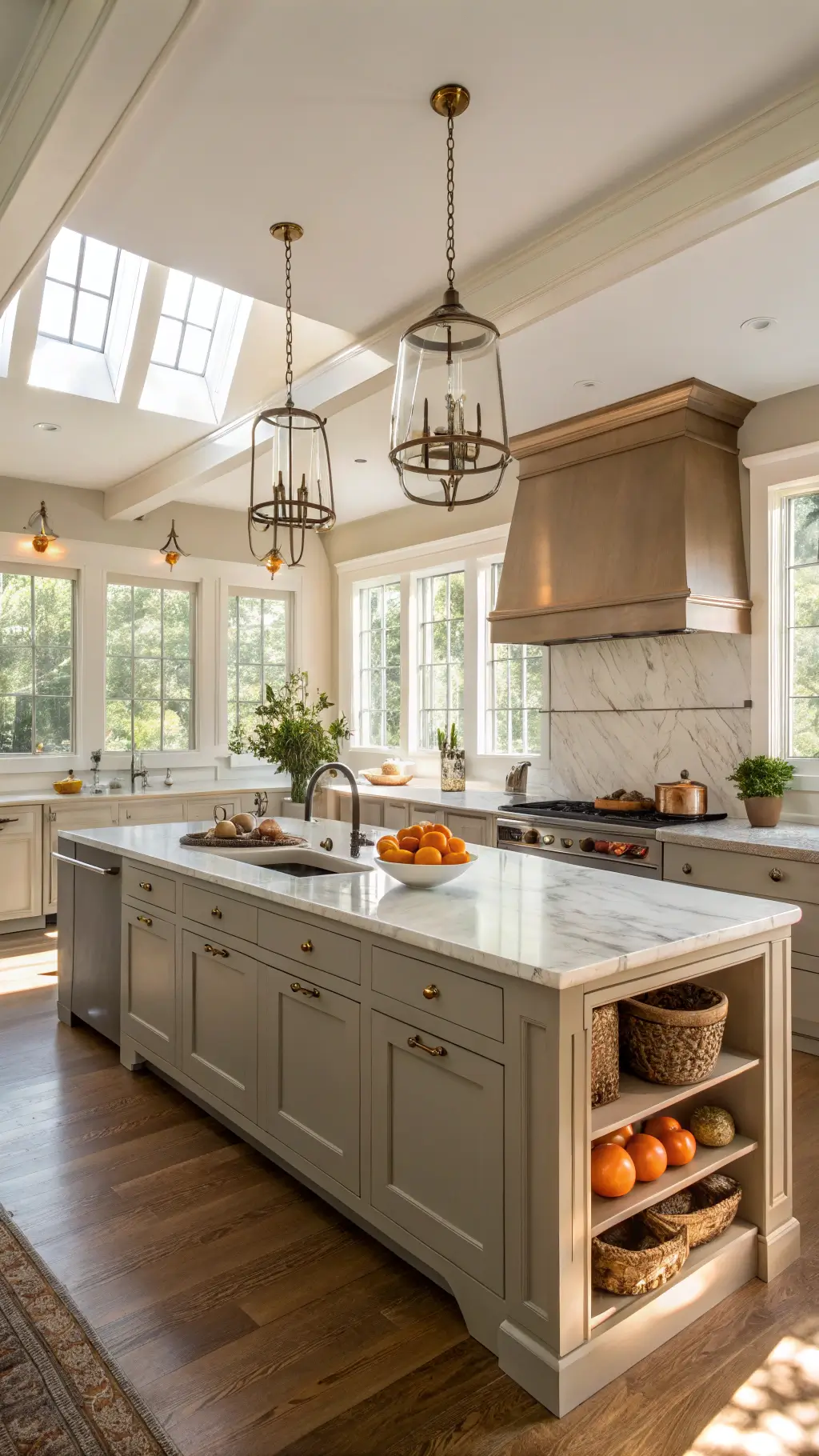 Warmly lit taupe shaker-style kitchen with Carrara marble countertops, center island under brass pendants, vintage copper pots overhead, and styled with fresh herbs, bread, and citrus fruits.