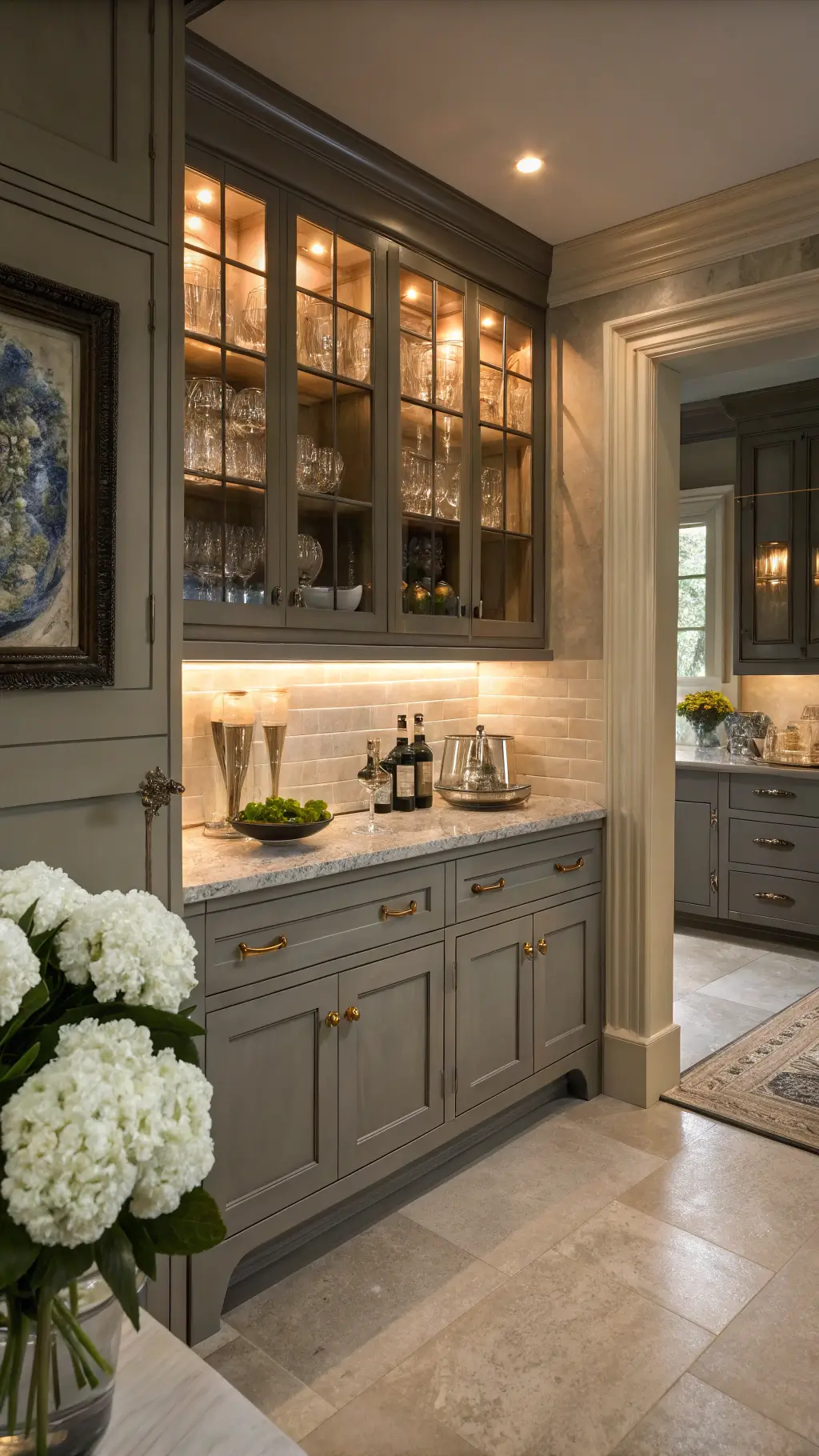 Butler's pantry alcove with taupe cabinets, antique mirror backsplash, crystal decanters, copper pulls, and vintage decor under dramatic dusk lighting.