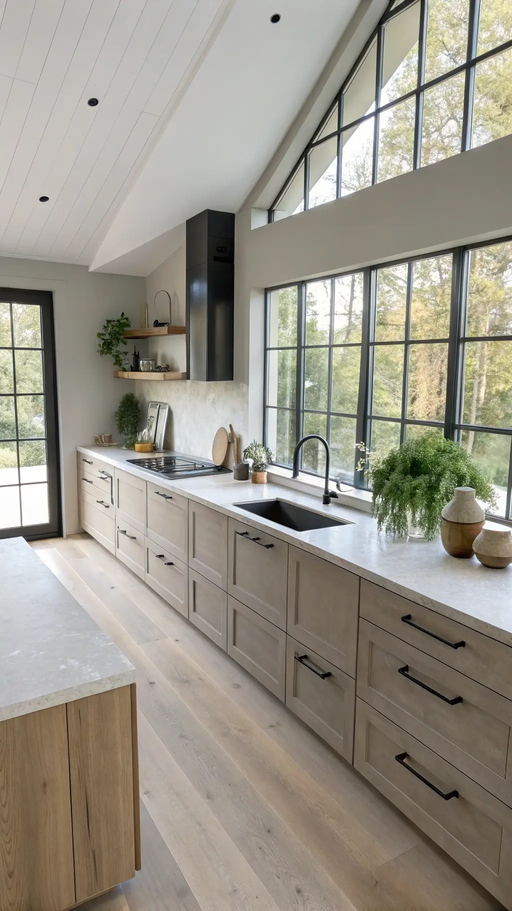 Nordic minimalist kitchen with taupe flat-panel cabinets, concrete countertops, bleached oak floors, and morning light casting shadows through steel-framed windows.