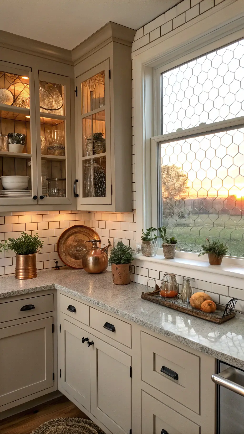 Cozy farmhouse kitchen corner at sunset with taupe cabinets, copper pots, soapstone counters, and vintage decor.