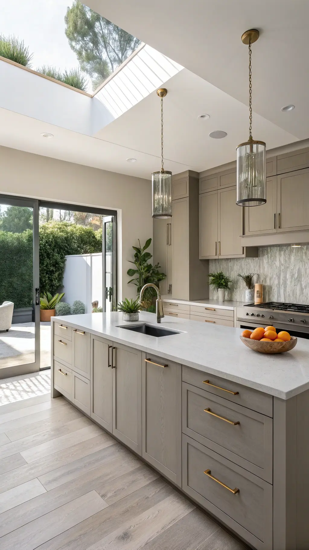 Modern California kitchen with taupe cabinets, waterfall quartz island, brass fixtures, citrus trees, and contemporary decor in natural midday light.