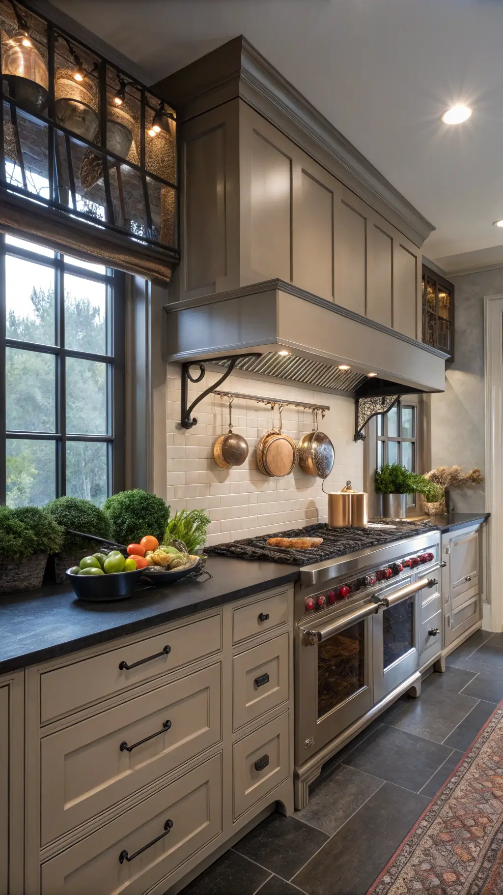 Professional kitchen with taupe cabinets, black soapstone counters, copper cookware, and warm blue hour lighting.