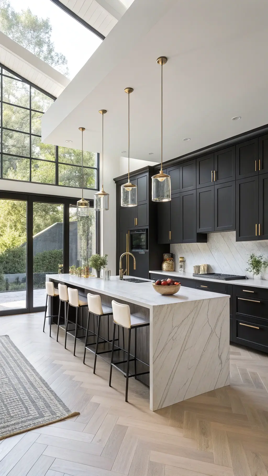 Contemporary 12x15ft kitchen with matte black cabinets, Carrara marble countertops, waterfall island, brass accents, and morning light through floor-to-ceiling windows.