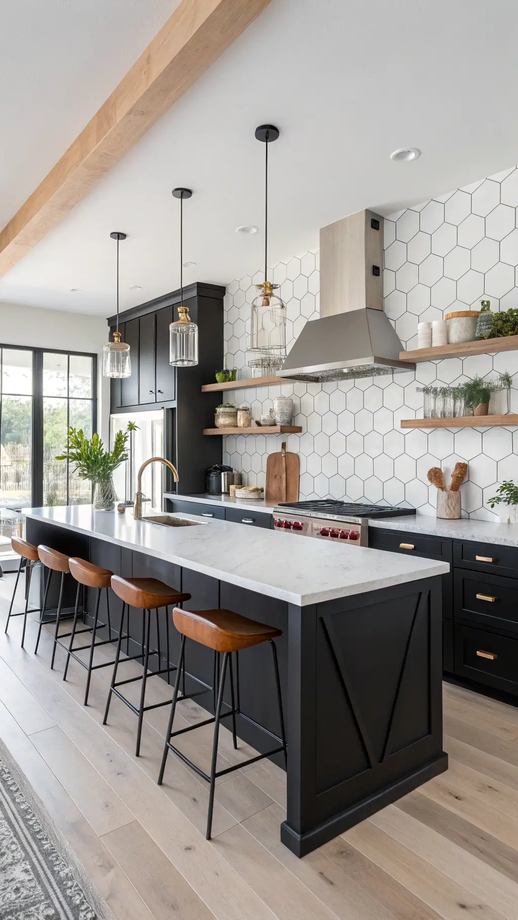 Scandinavian-modern kitchen with black cabinets, marble hexagon backsplash, live-edge wood island, and copper accents in natural morning light.