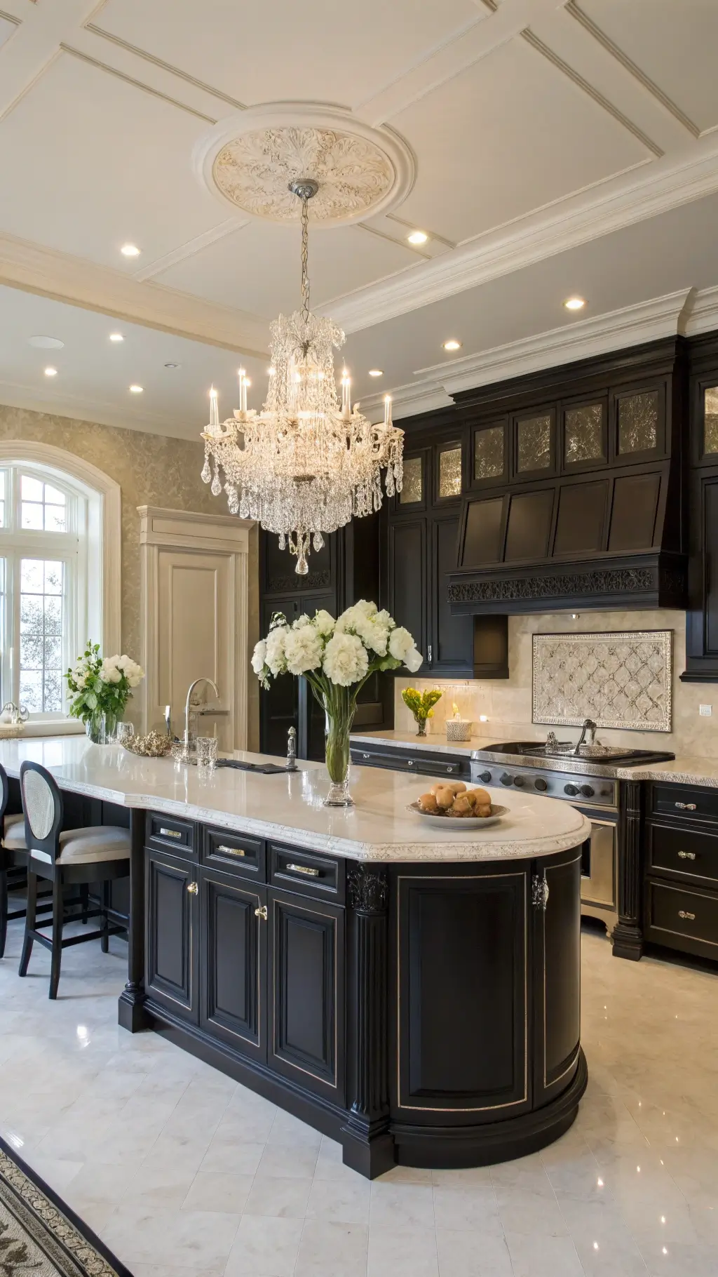Elegant black kitchen with Calacatta gold marble, circular island, and crystal chandelier in afternoon light.